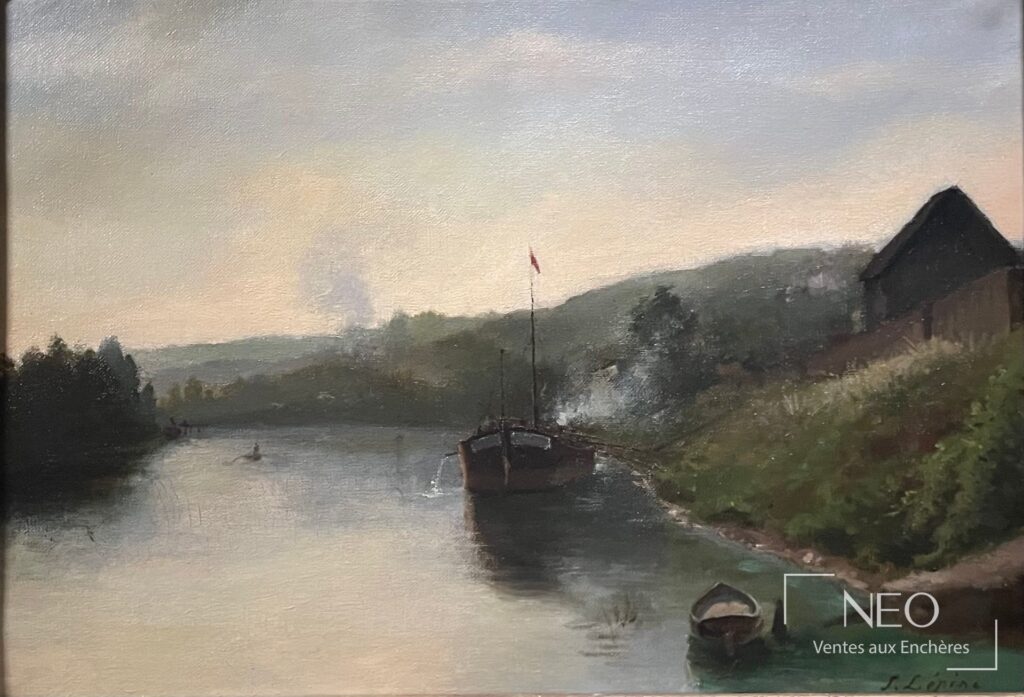 Paysage fluvial peint à l'huile avec barque et rive boisée