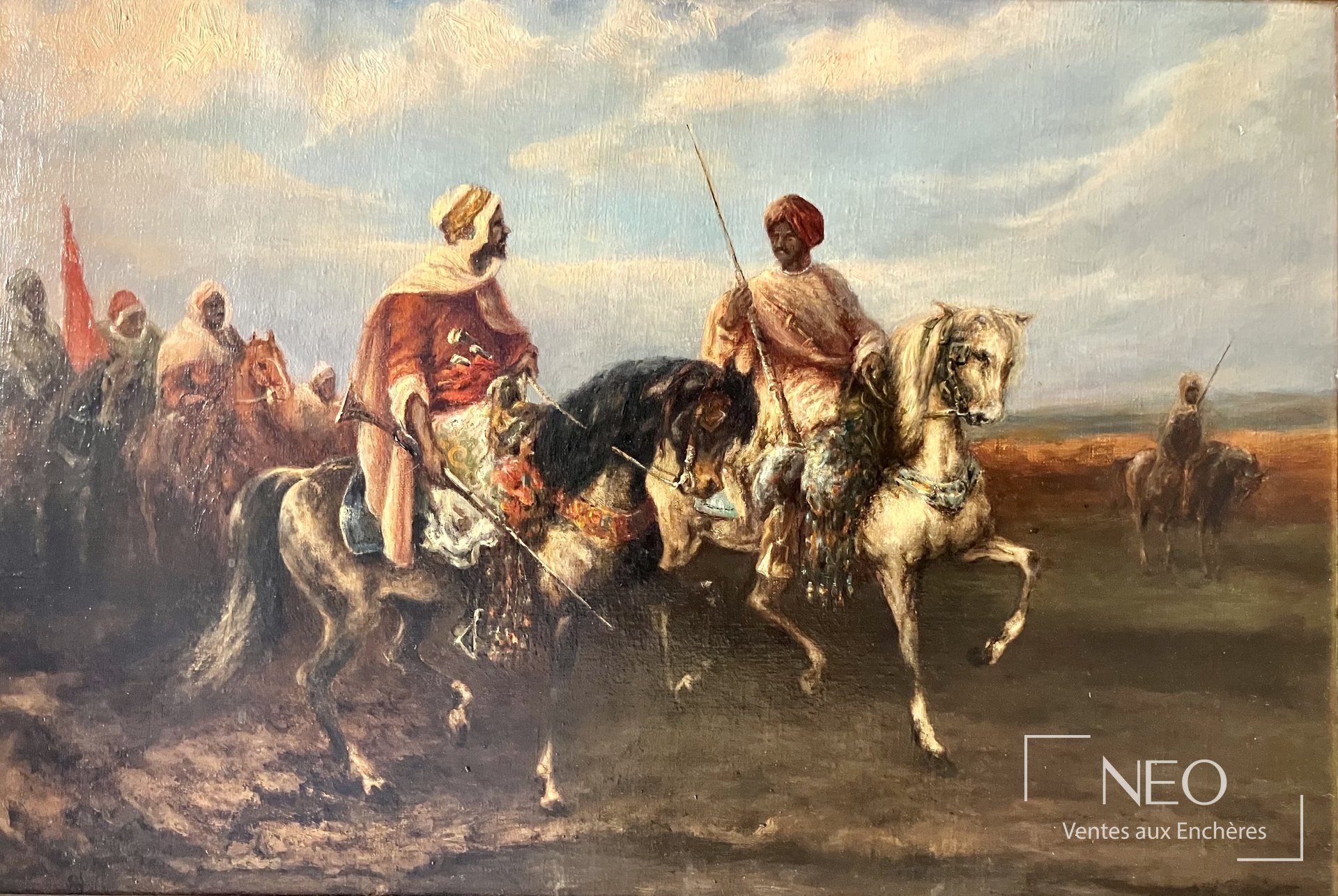 École du XXe orientaliste, Partie de chasse ou fantasia, huile sur toile