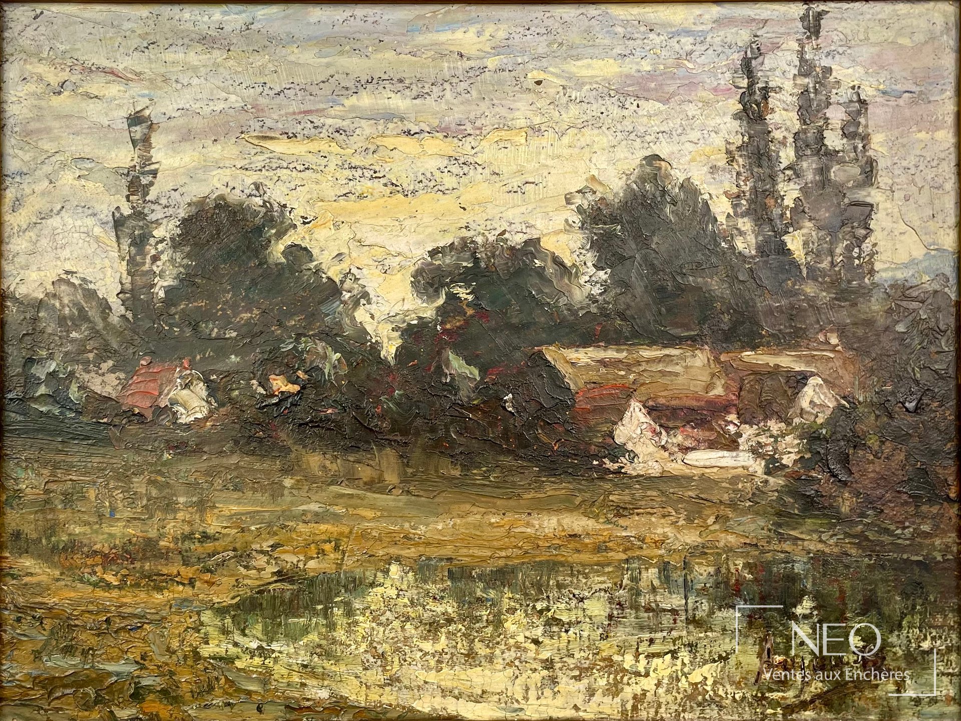 Paysage peint au couteau représentant un bord de lac