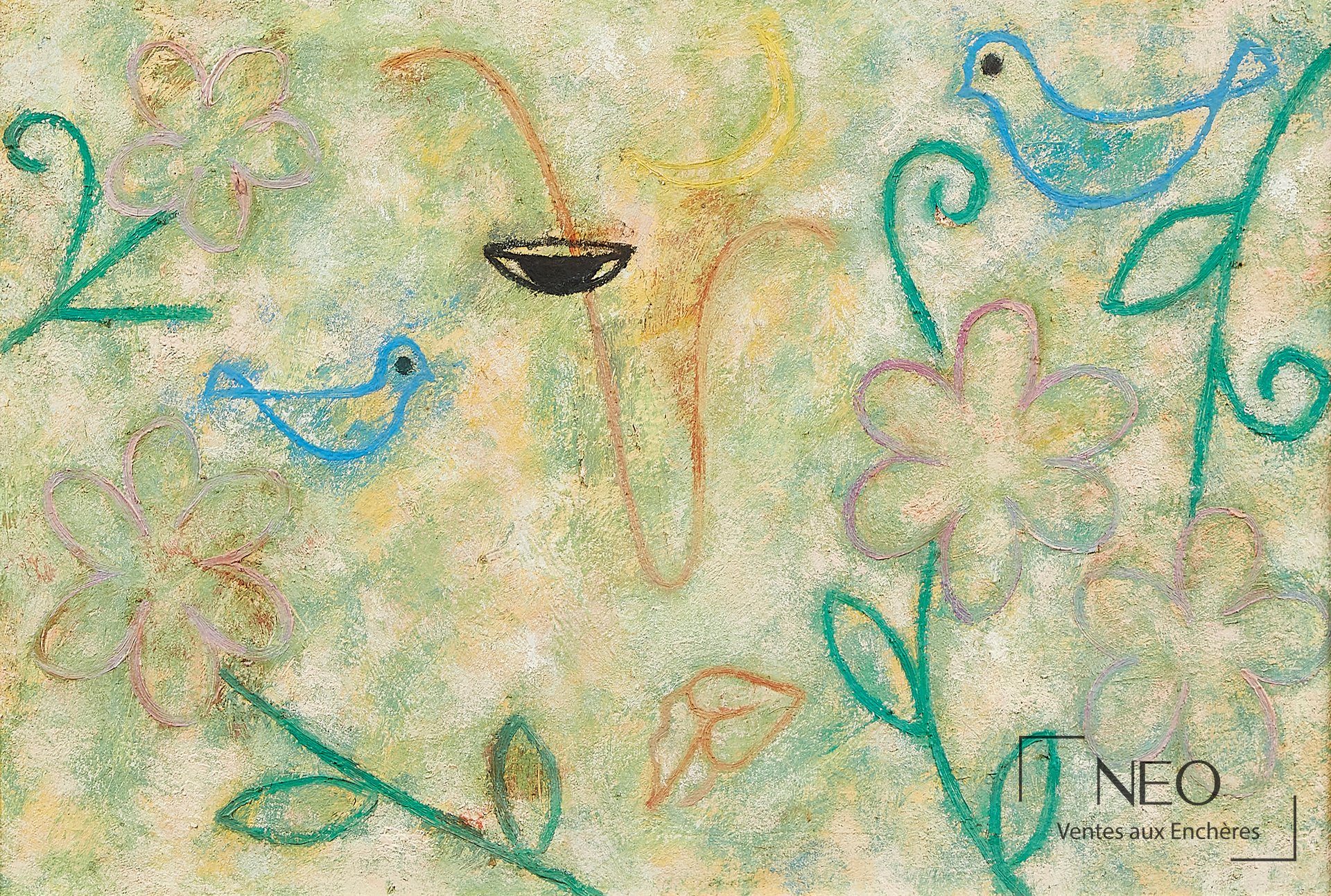 Huile sur toile de l'Ecole du XXe siècle représentant des oiseaux et des fleurs stylisées
