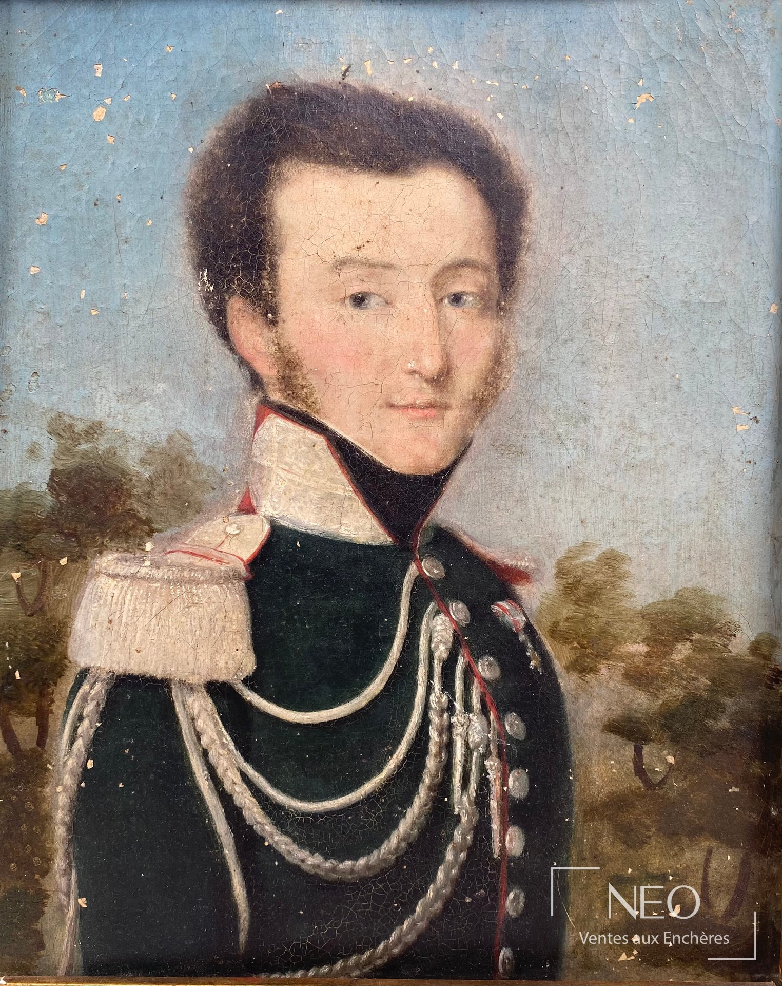 Portrait en buste d'un officier en habit militaire sur fond de paysage.