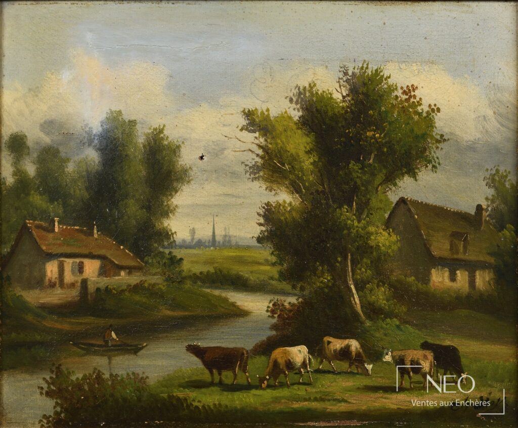 Paysage à l’huile avec bovins au premier plan