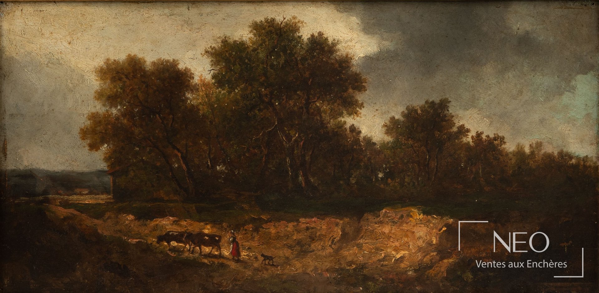 Ecole francaise du XIXe siecle, paysanne et ses vaches dans un sous-bois, huile sur panneau