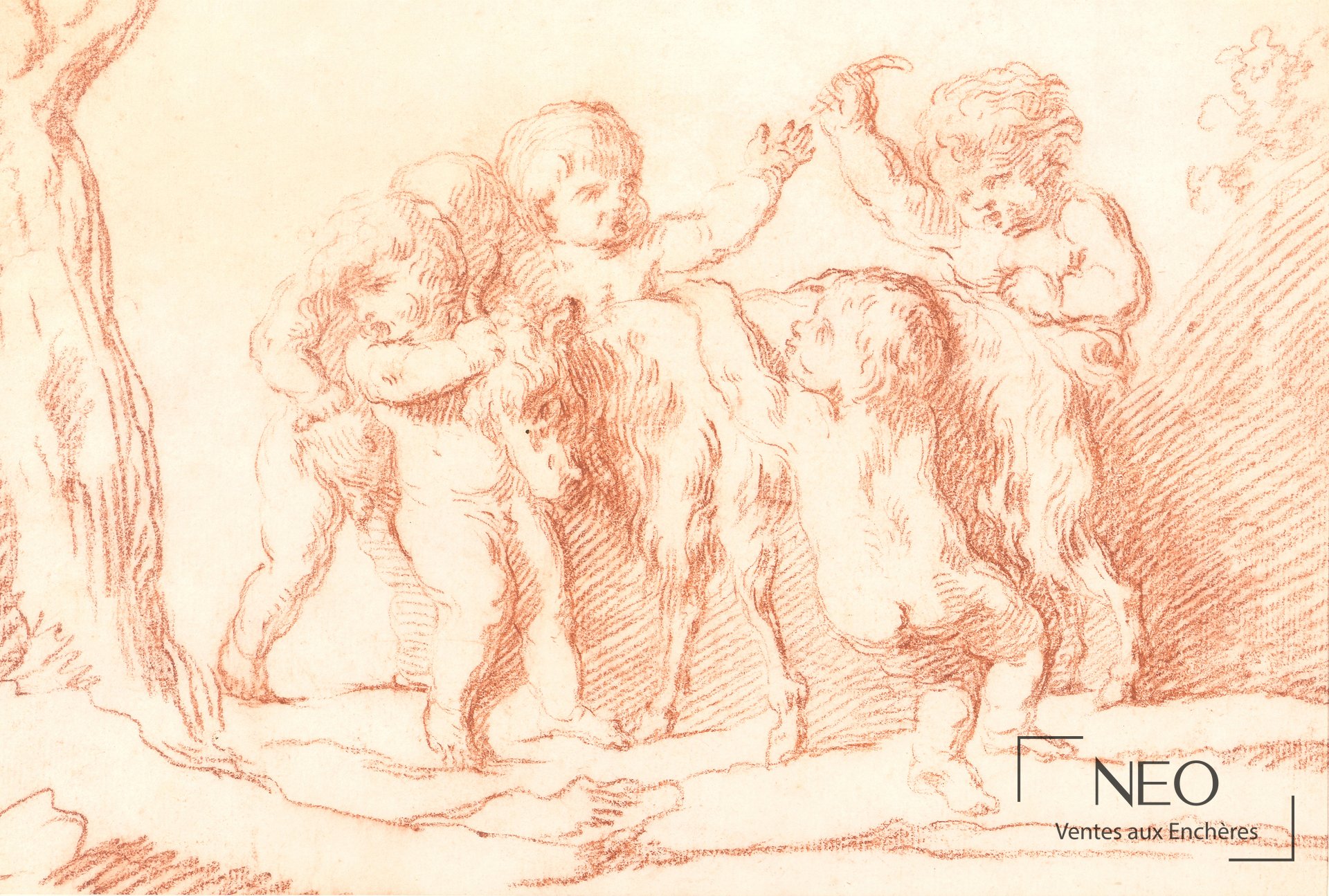 Dessin à la sanguine représentant plusieurs putti en scène de bacchanale.