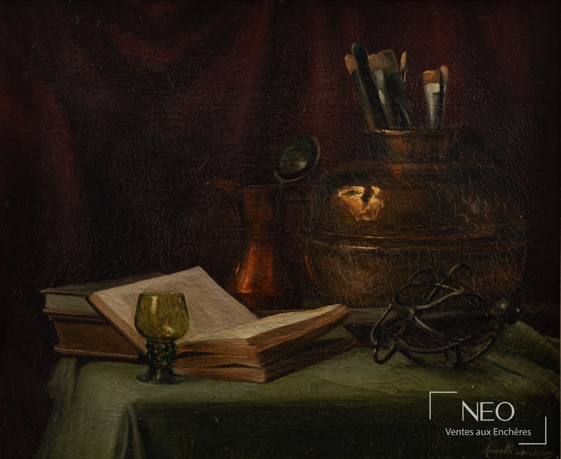 Nature morte à l’huile sur toile représentant des pinceaux