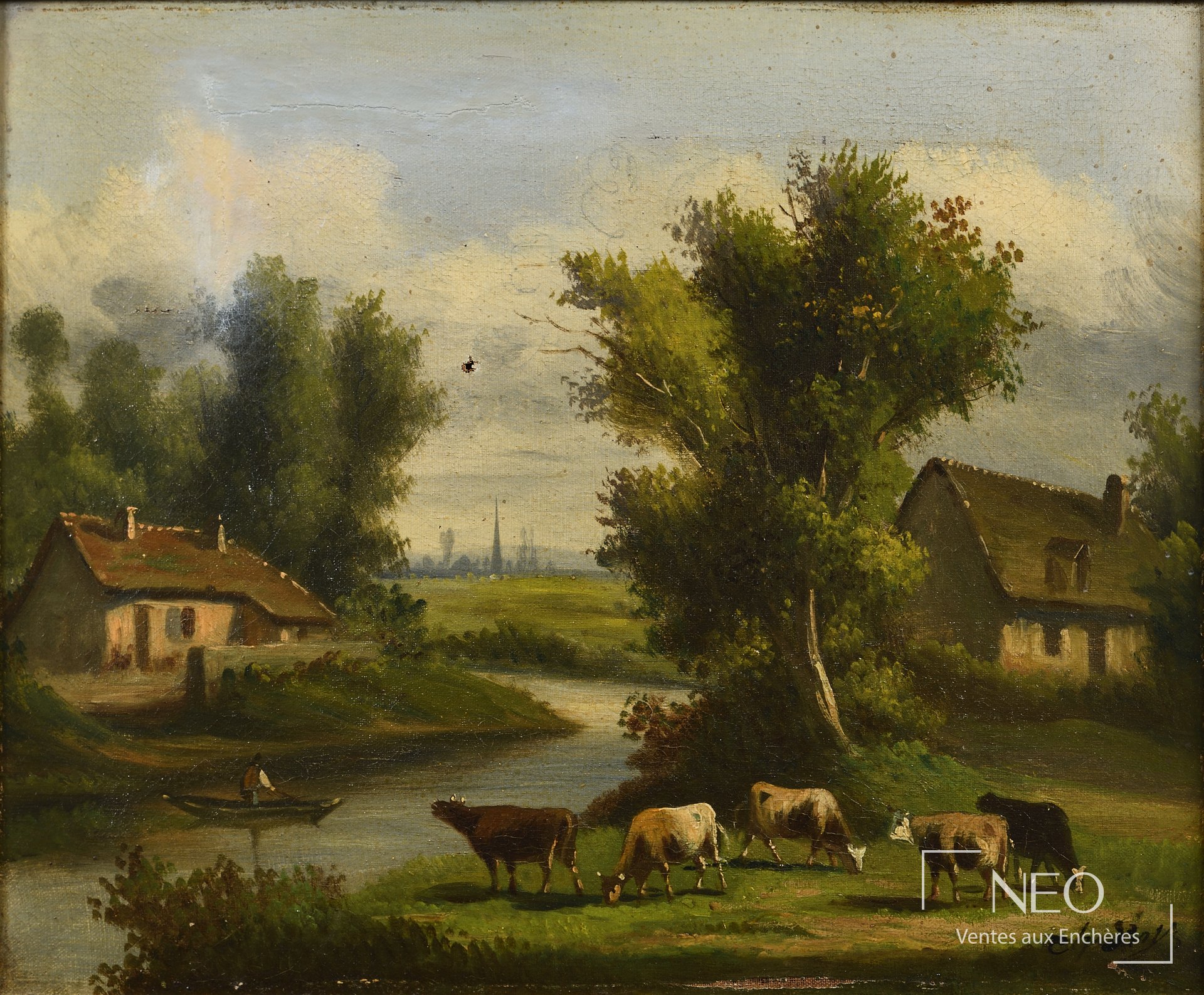 Paysage rural à l’huile avec bovins au premier plan et village au loin
