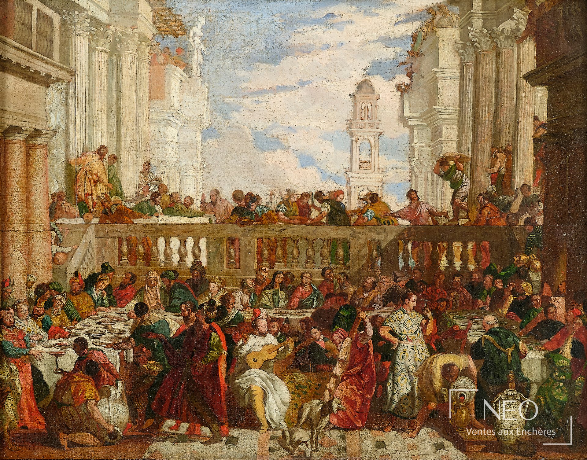 Scène des Noces de Cana dans une architecture monumentale