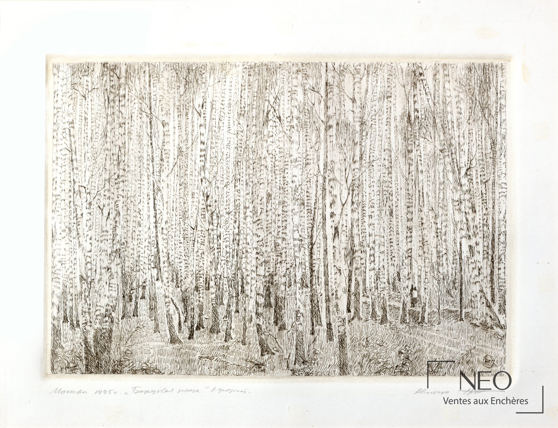 École russe du XXe siècle Forêt de bouleaux, eau-forte sur papier blanc