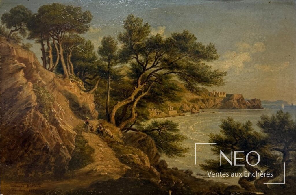 Vue d'ensemble d'un paysage côtier peint sur carton