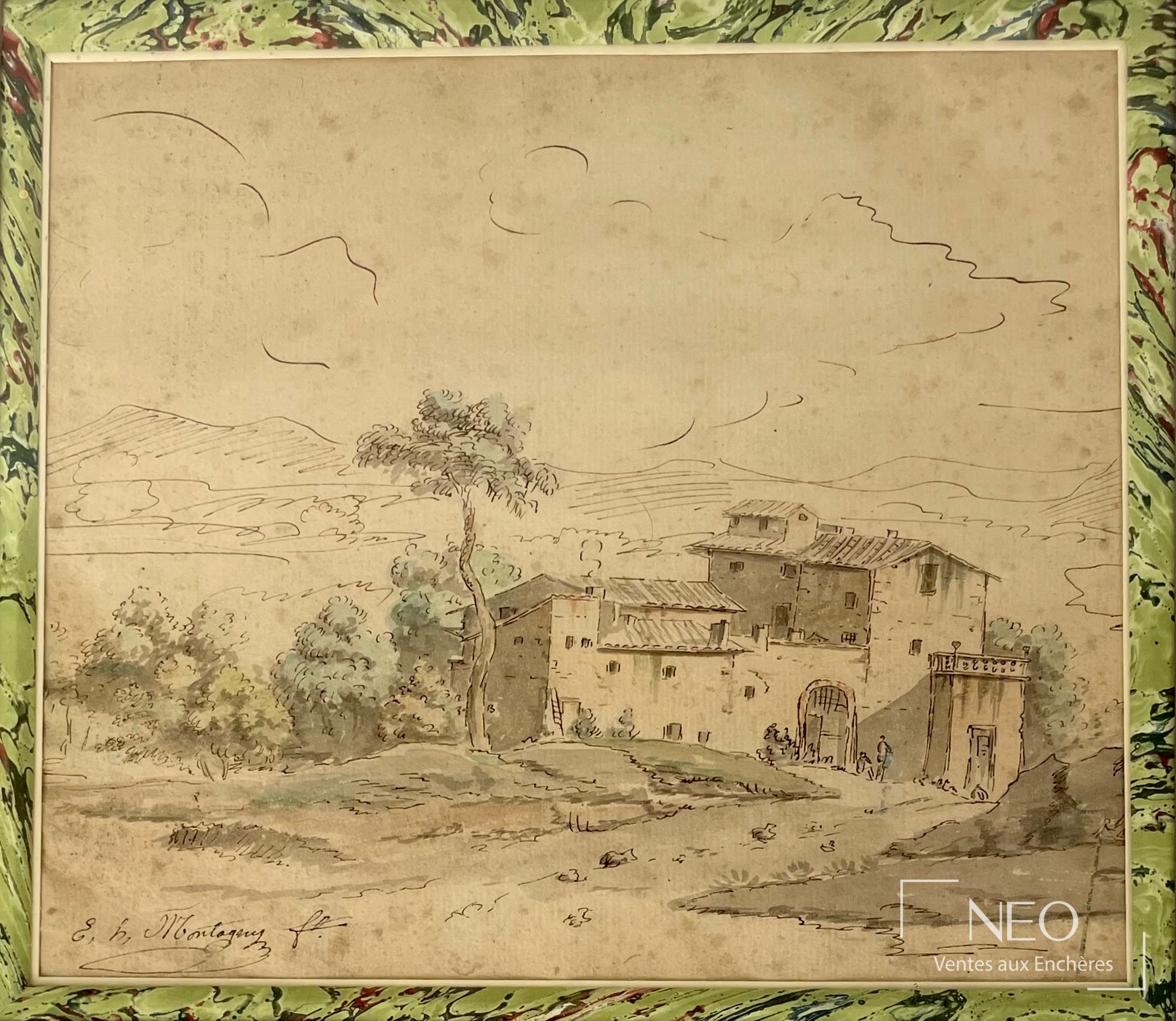 Elie Honoré Montagny Vue d’une campagne italienne aquarelle sur papier vergé