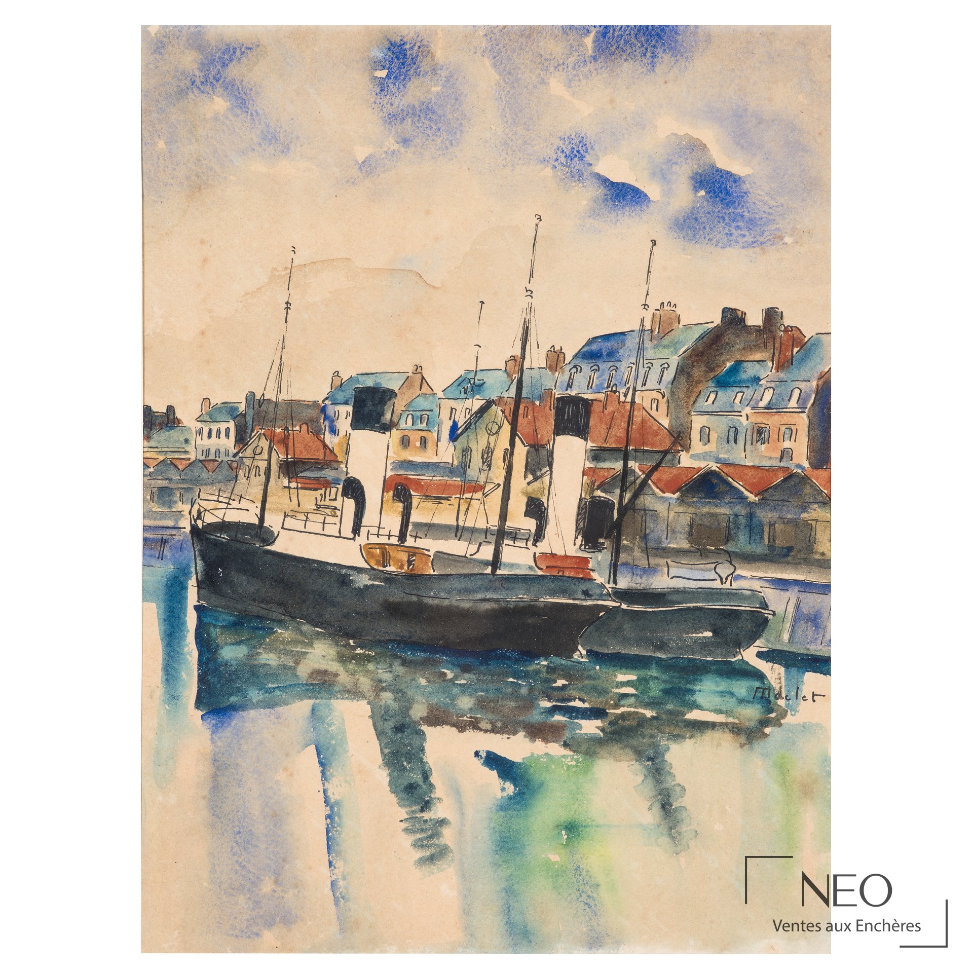 Elisee Maclet, Deux bateaux amarrés à quai, aquarelle sur papier