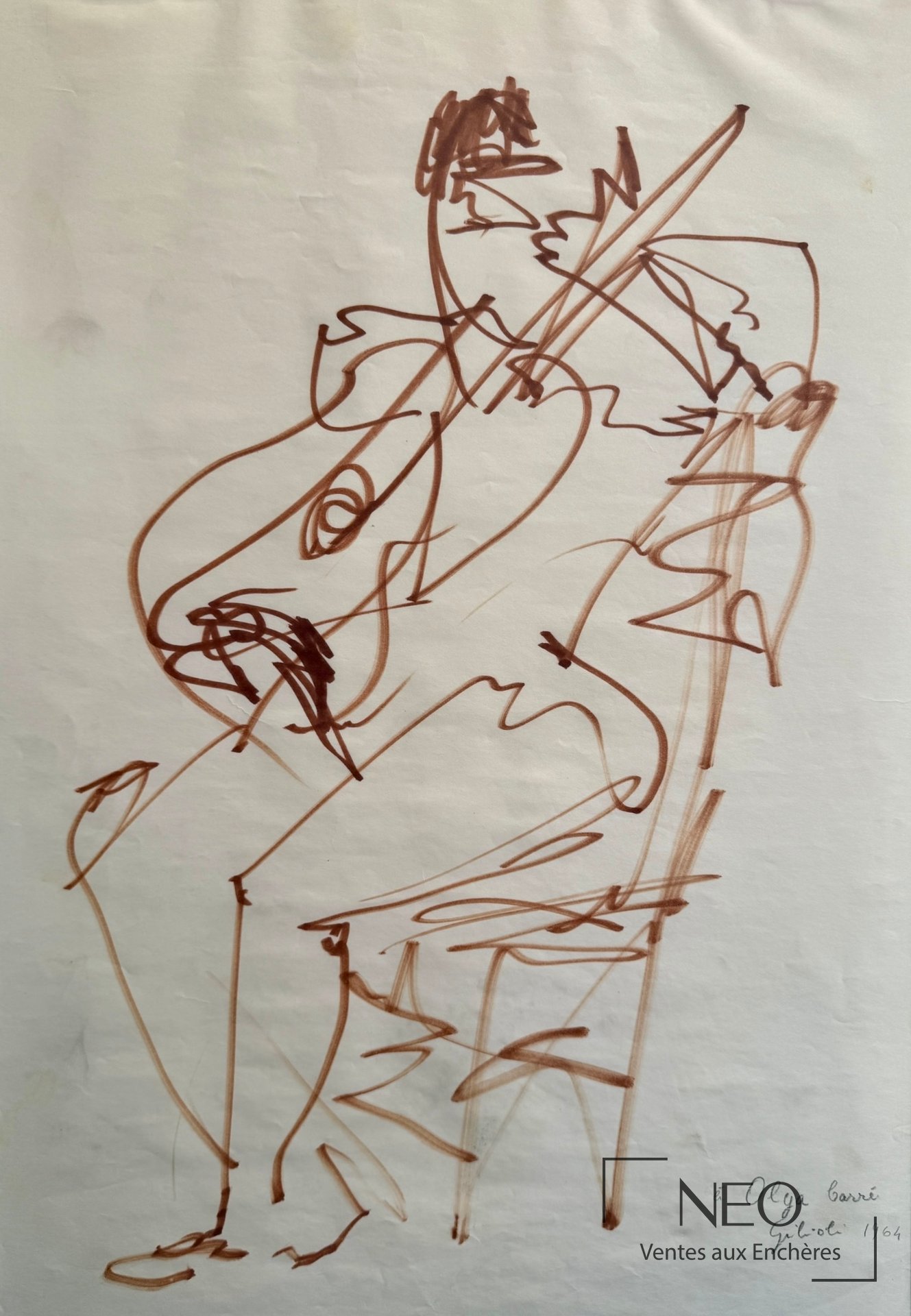 Dessin à l'encre brune représentant un violoniste assis sur papier