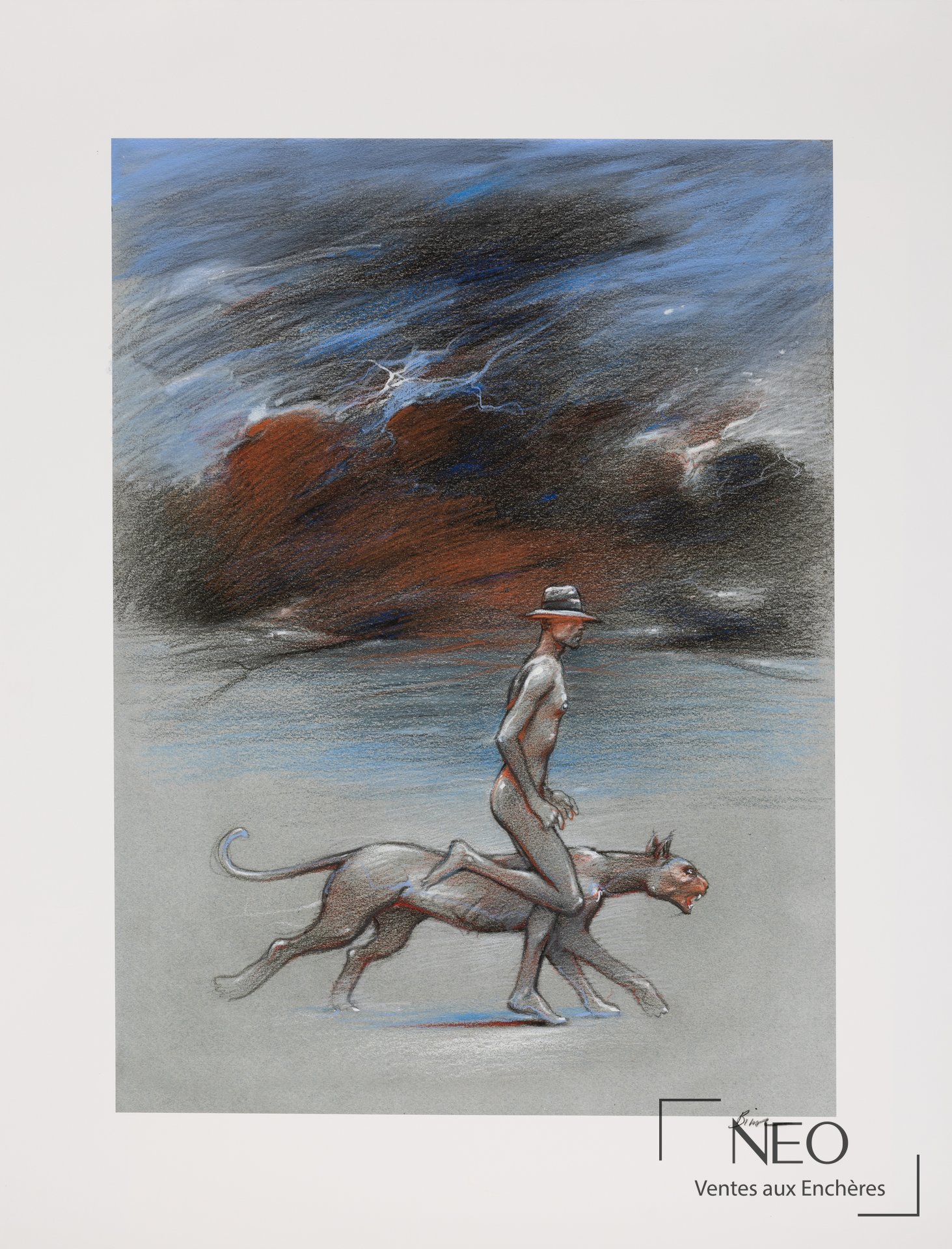 Lithographie Animal Z d'Enki Bilal montrant une figure humaine sur une panthère dans un paysage sombre