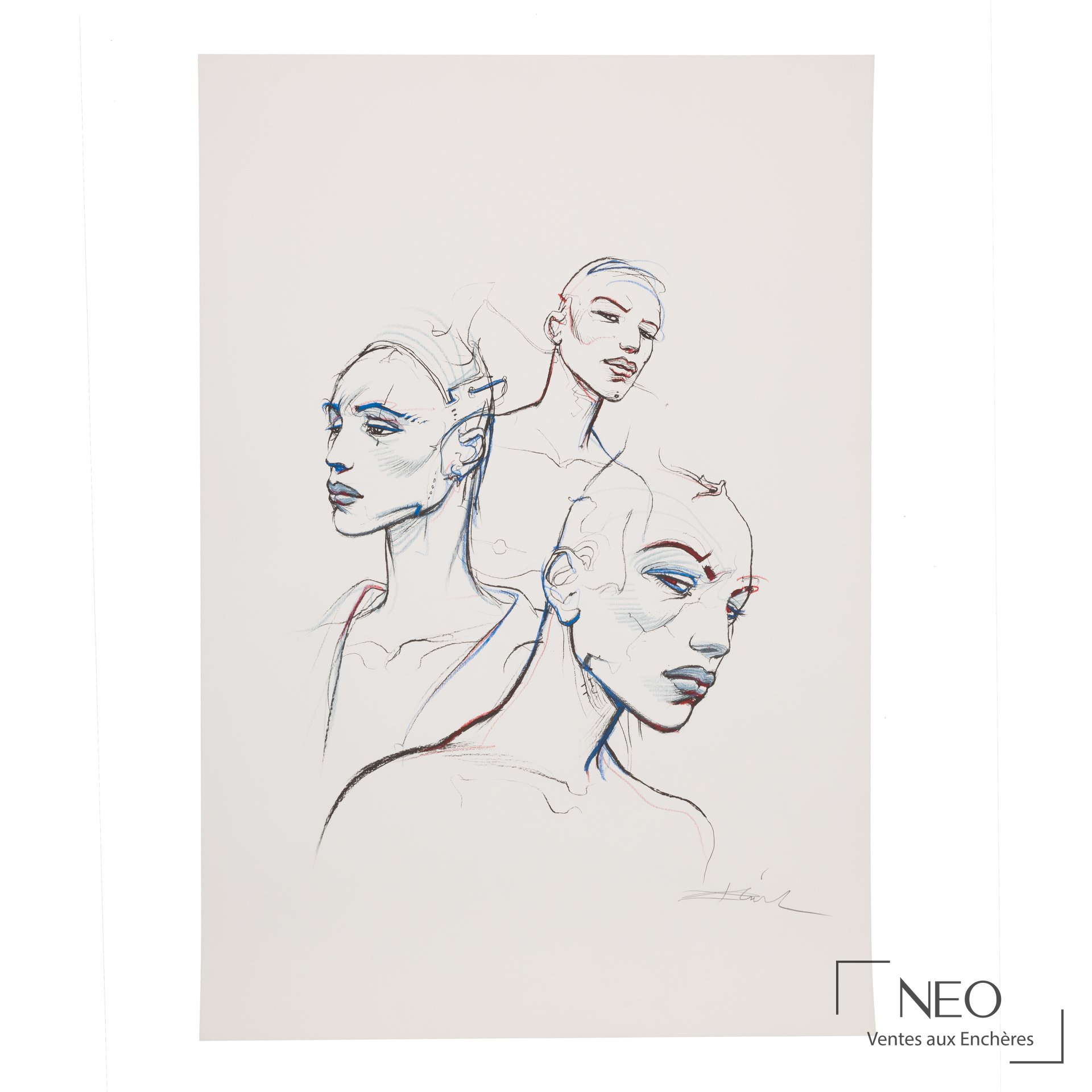 Lithographie d'Enki Bilal représentant trois visages féminins