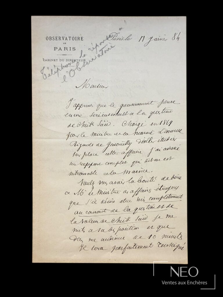 Lettre autographe signée sur papier à en-tête de l'Observatoire de Paris