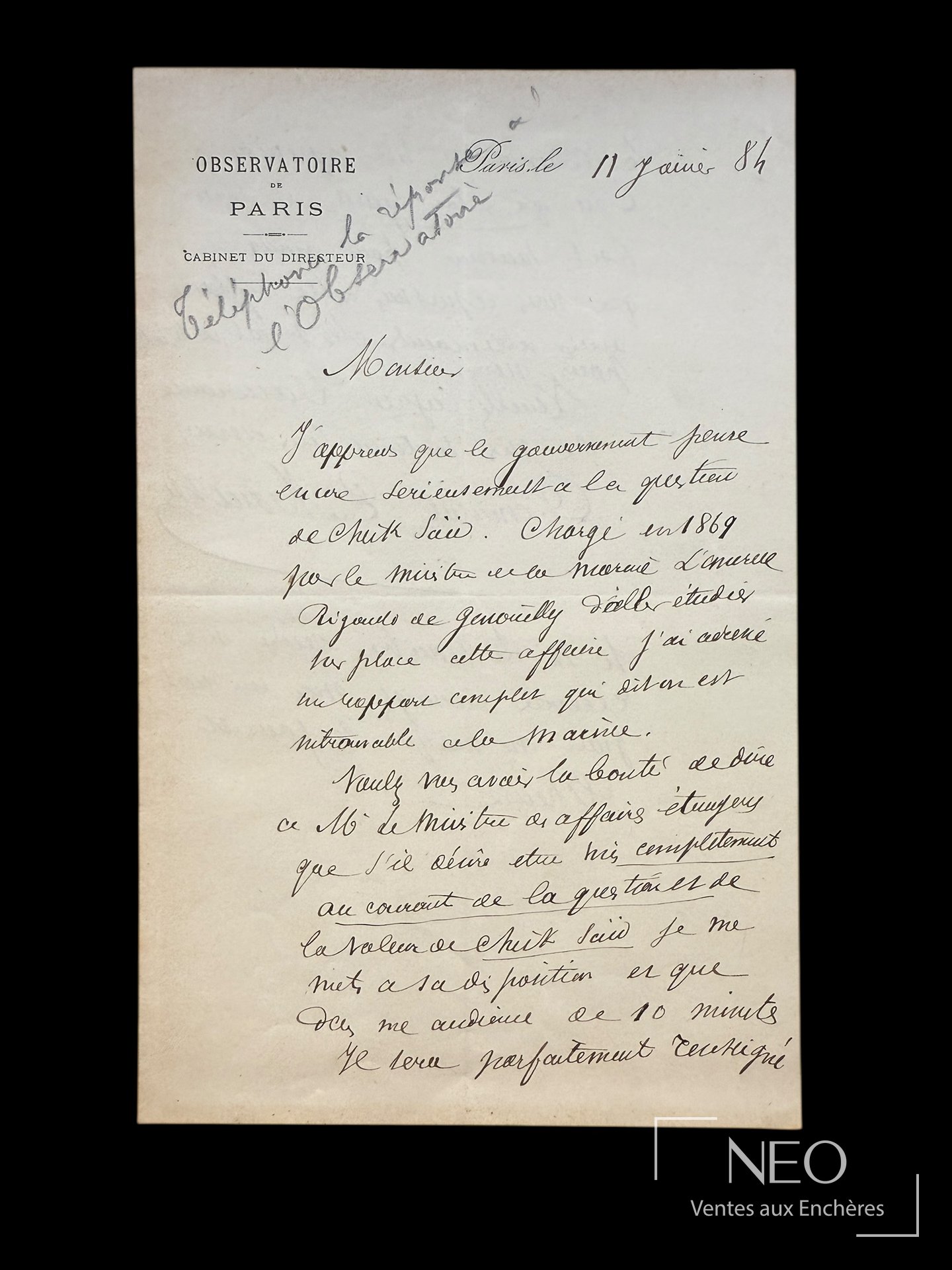 Lettre autographe signée sur papier à en-tête de l'Observatoire de Paris