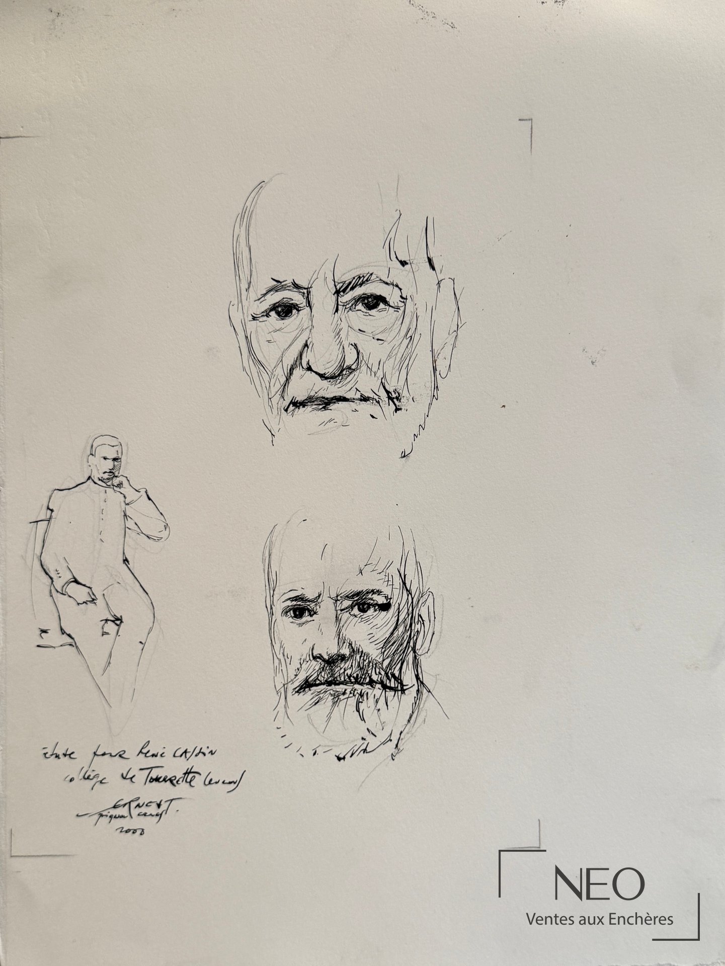 Étude sur papier d'Ernest Pignon-Ernest avec trois visages dessinés et une figure en pied
