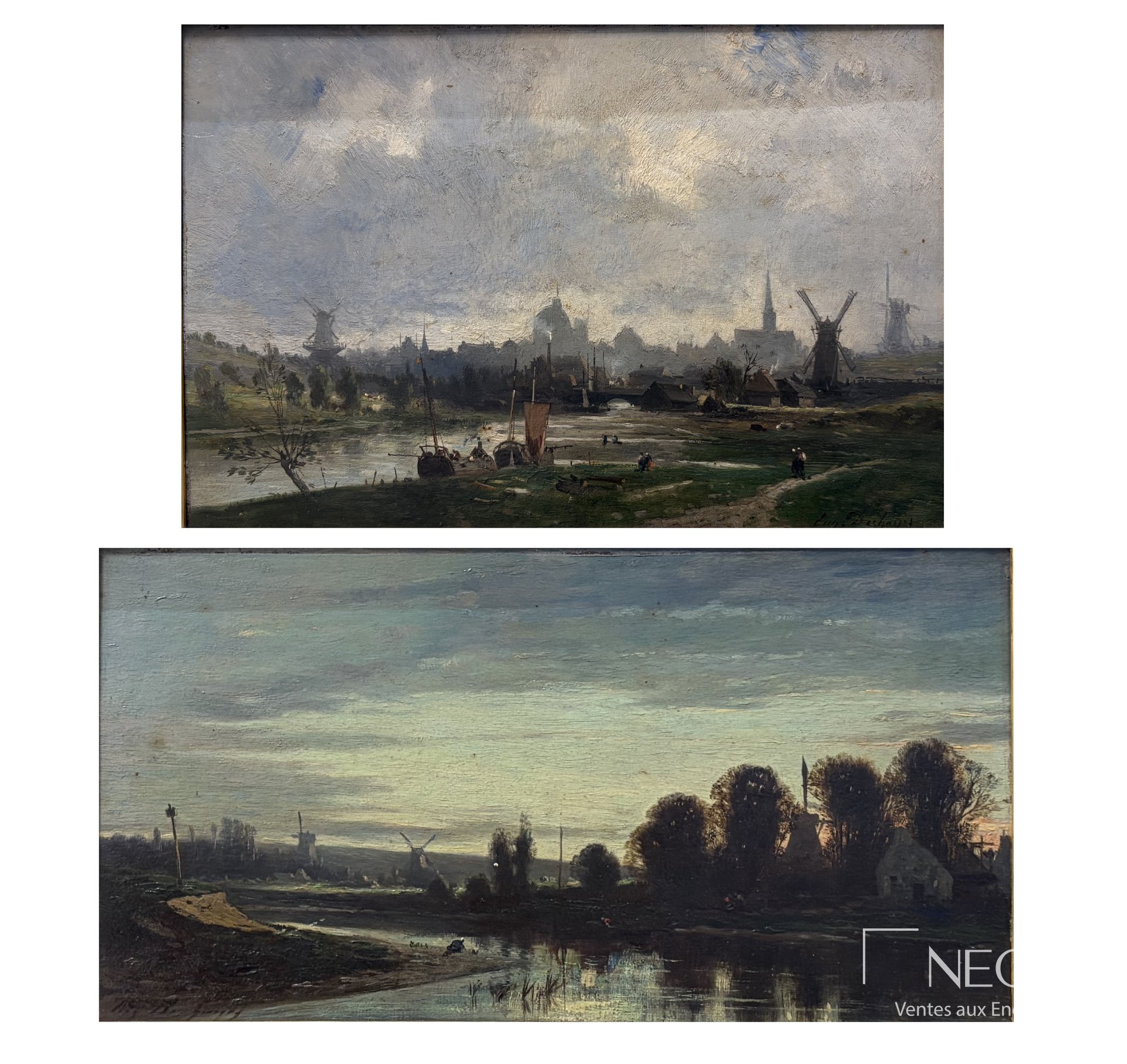Deux paysages de fleuve avec moulins