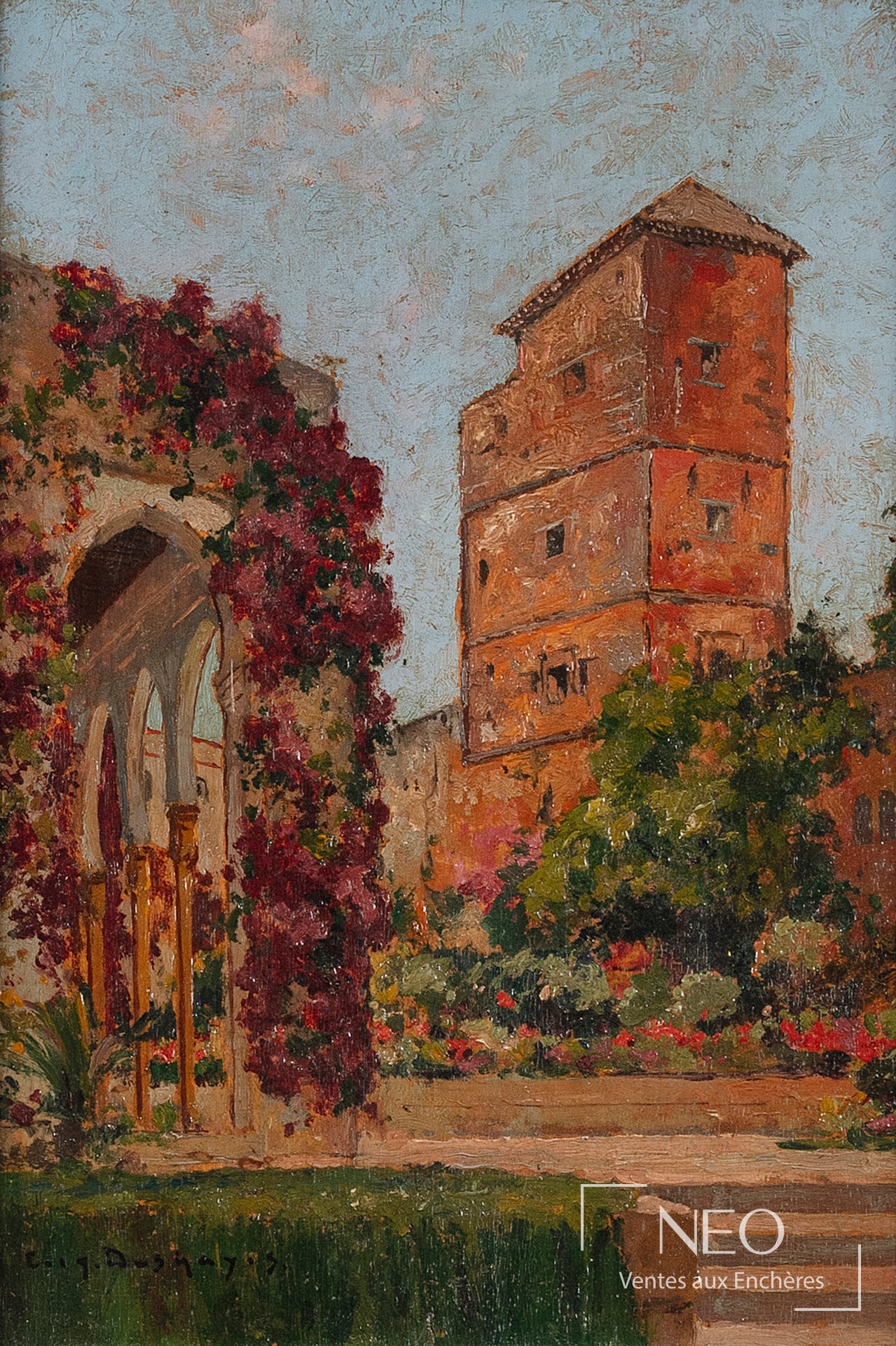 Peinture orientaliste montrant une tour et un jardin fleuri sous un ciel clair