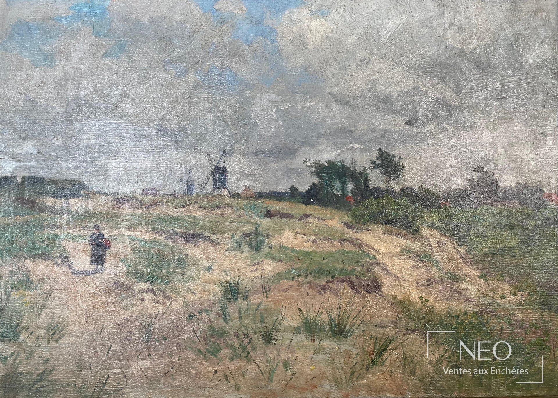 Paysage peint à l'huile avec paysanne au premier plan et moulins au loin