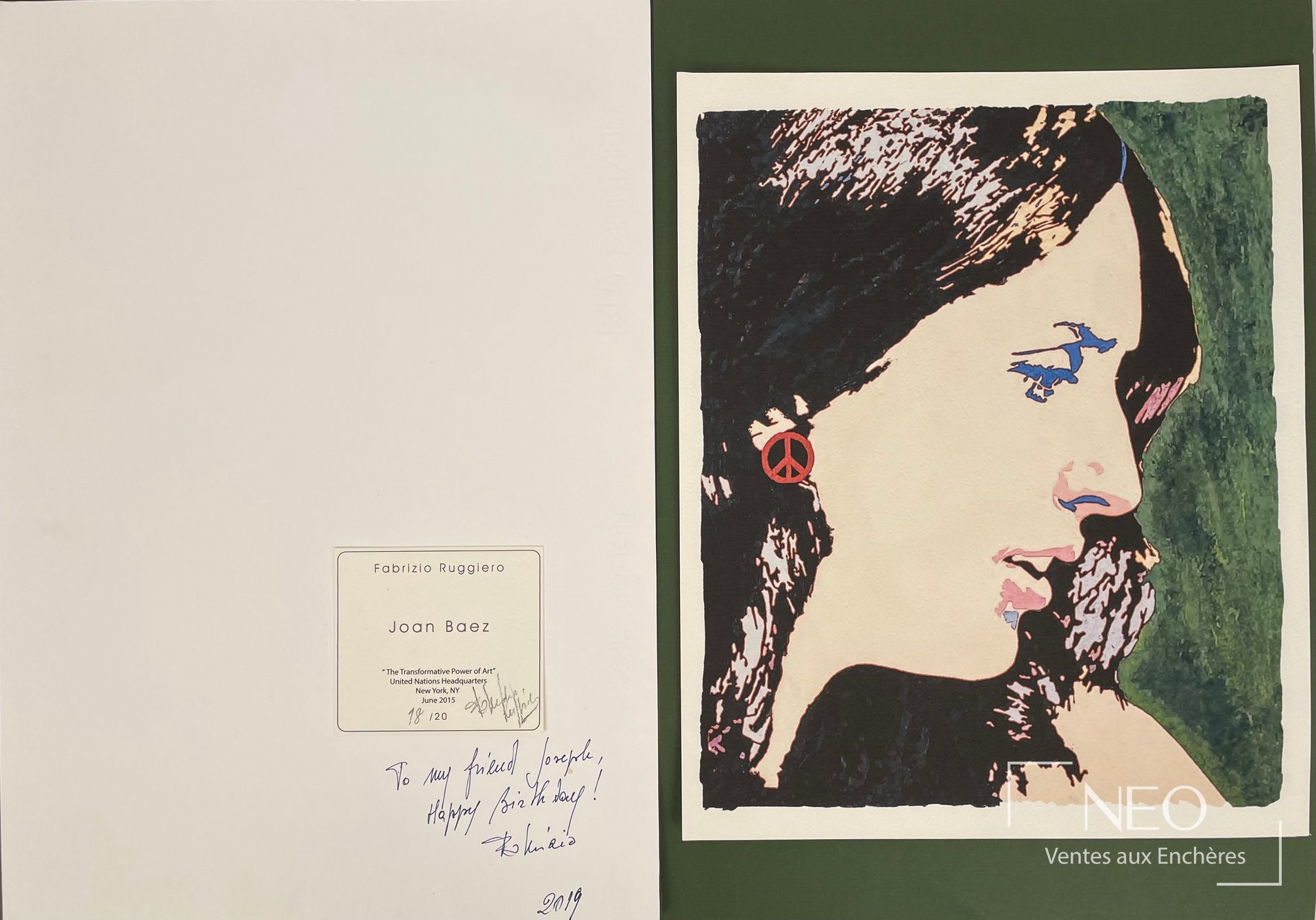 Fabrizio Ruggiero Joan Baez, lithographie en couleurs, tirage 18/20