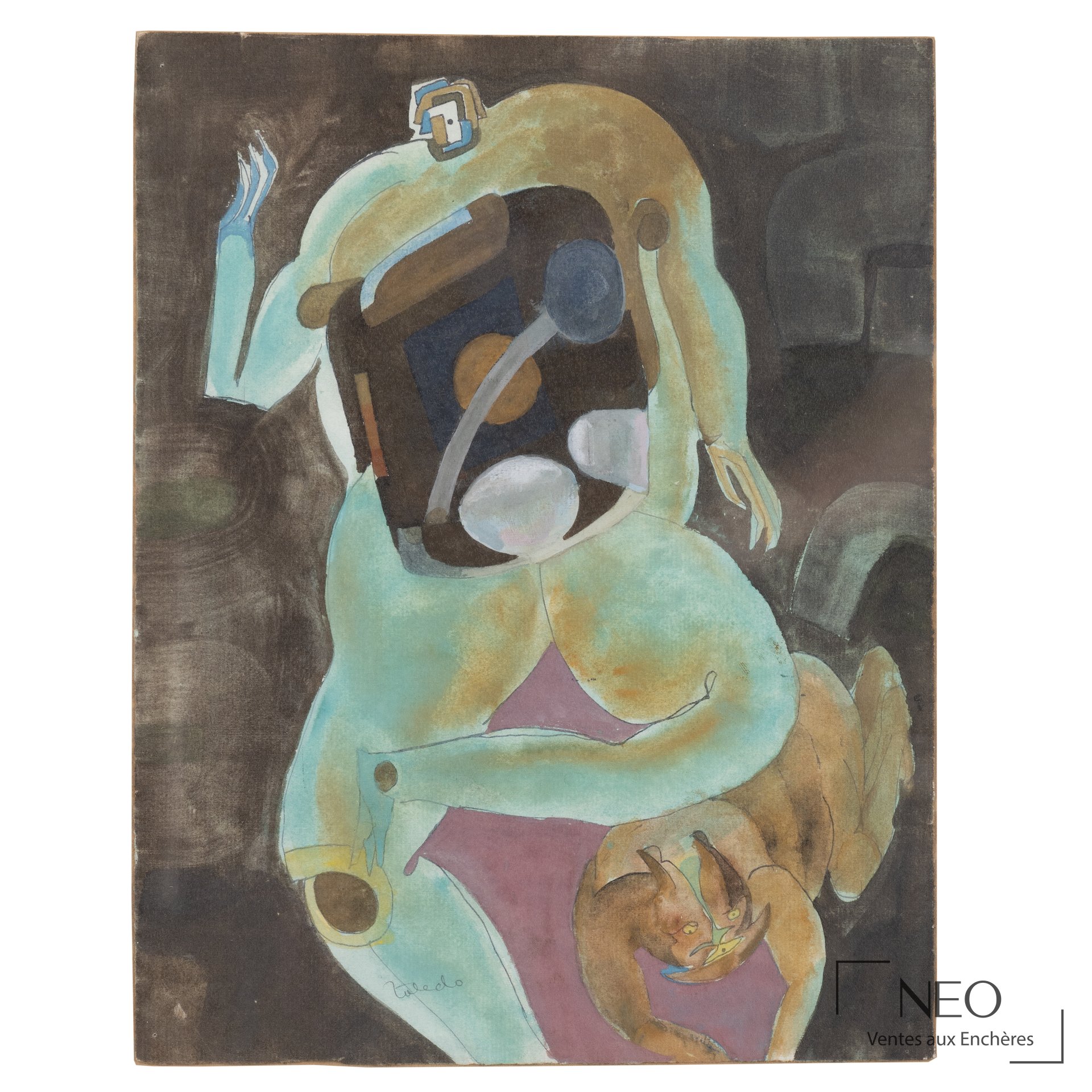 Aquarelle de Francesco Toledo représentant une figure stylisée aux tons bleu