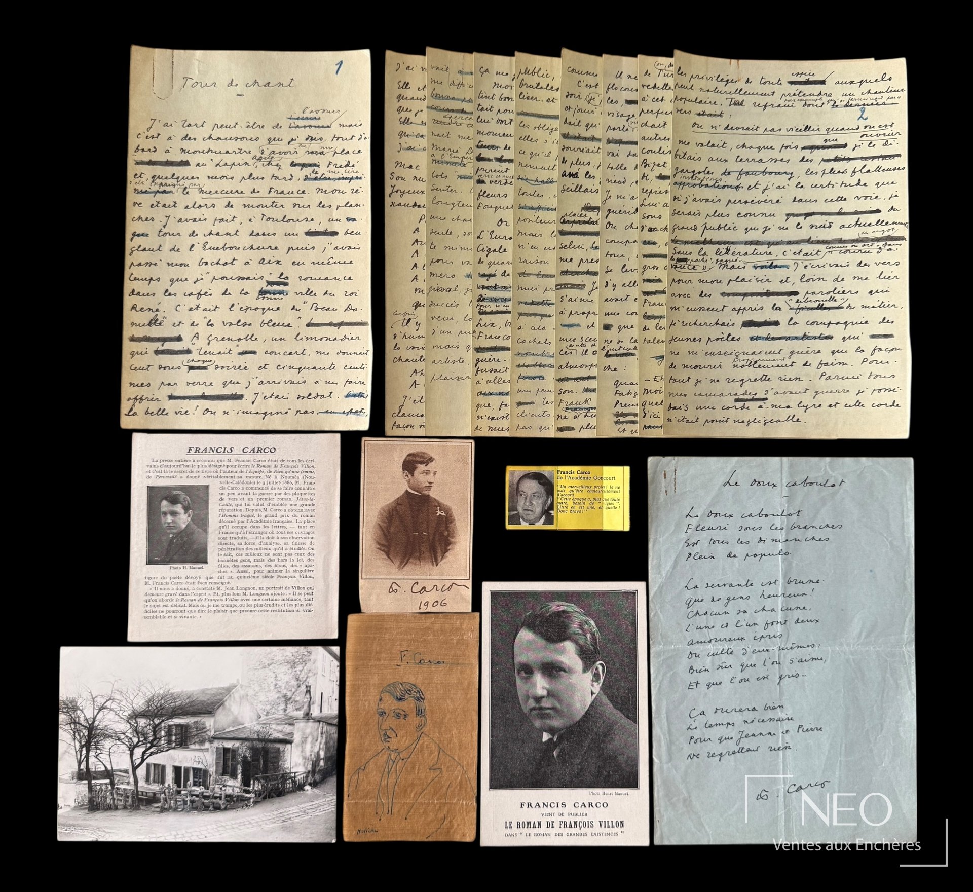 Francis Carco, manuscrit autographe signé « Tour de chant » et documents joints