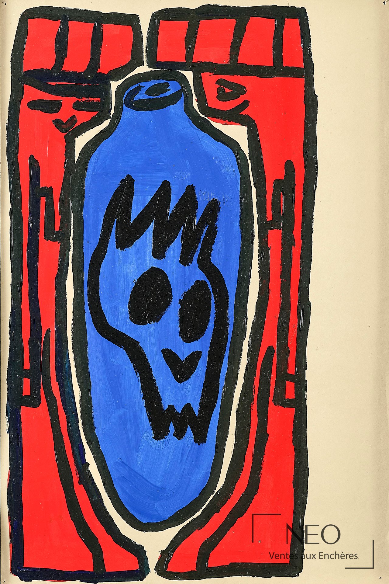 Composition colorée de François Boisrond avec figure centrale bleue sur fond rouge.