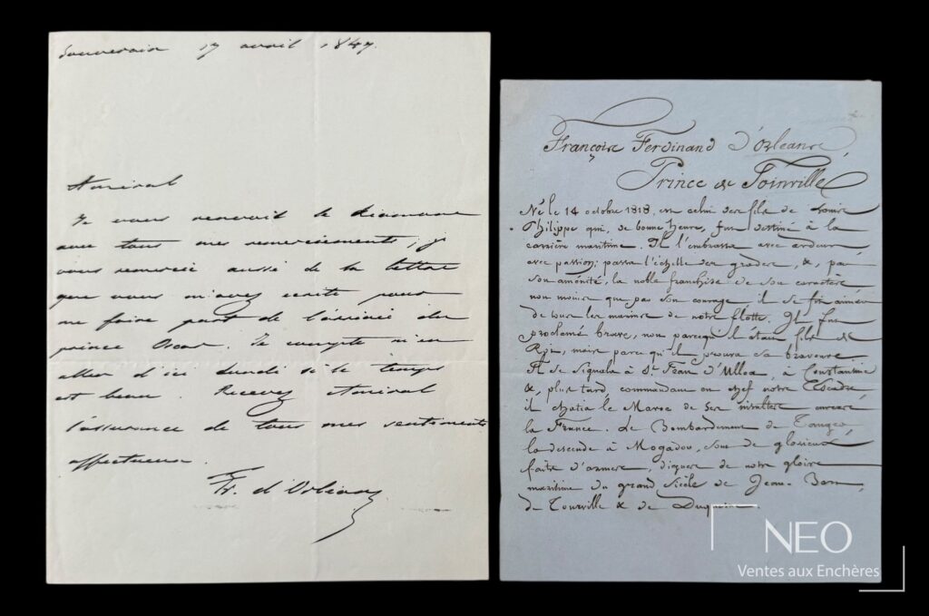 Lettre manuscrite de François Ferdinand d'Orléans signée au bas de la page