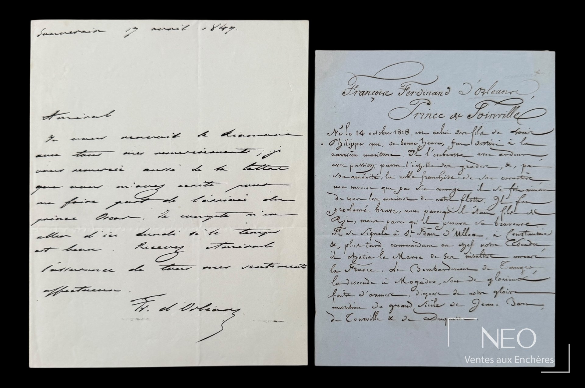 François Ferdinand d’Orléans, lettre autographe signée du 17 avril 1847