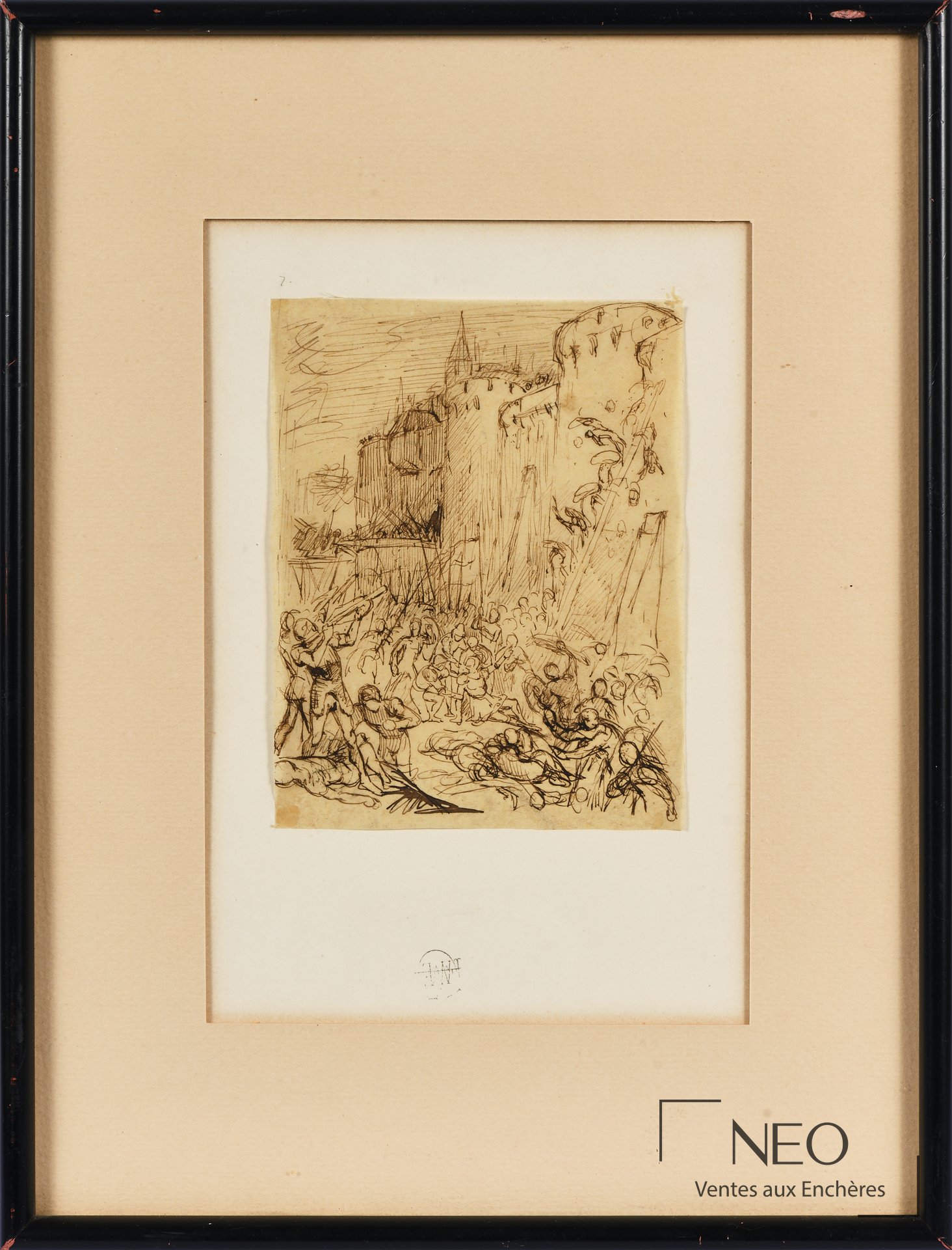 Dessin encadré de François Flameng montrant une scène de bataille à l'encre sur papier.
