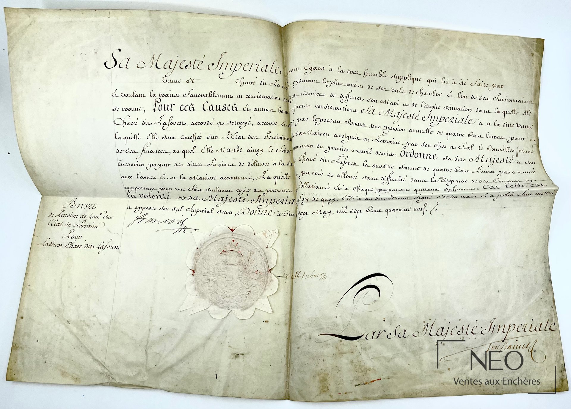 Brevet manuscrit sur vélin avec grand sceau aux armes sous papier