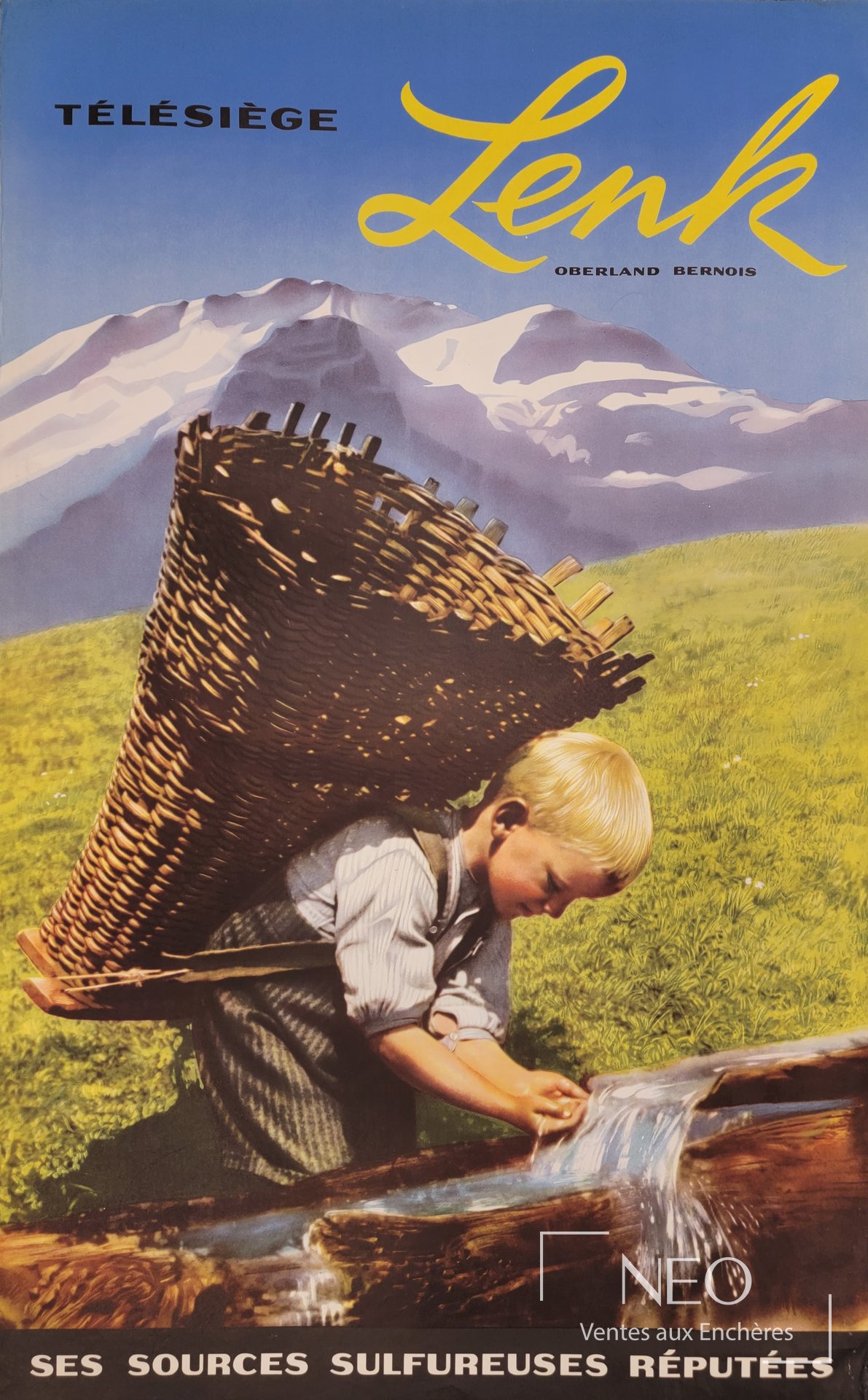 Affiche en couleurs représentant un enfant avec un grand panier devant les montagnes de Lenk