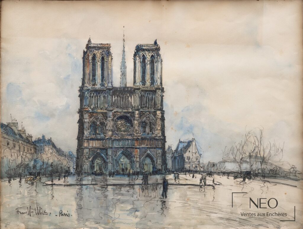 Vue de la cathédrale de Notre-Dame peinte par Frank-Will sur papier