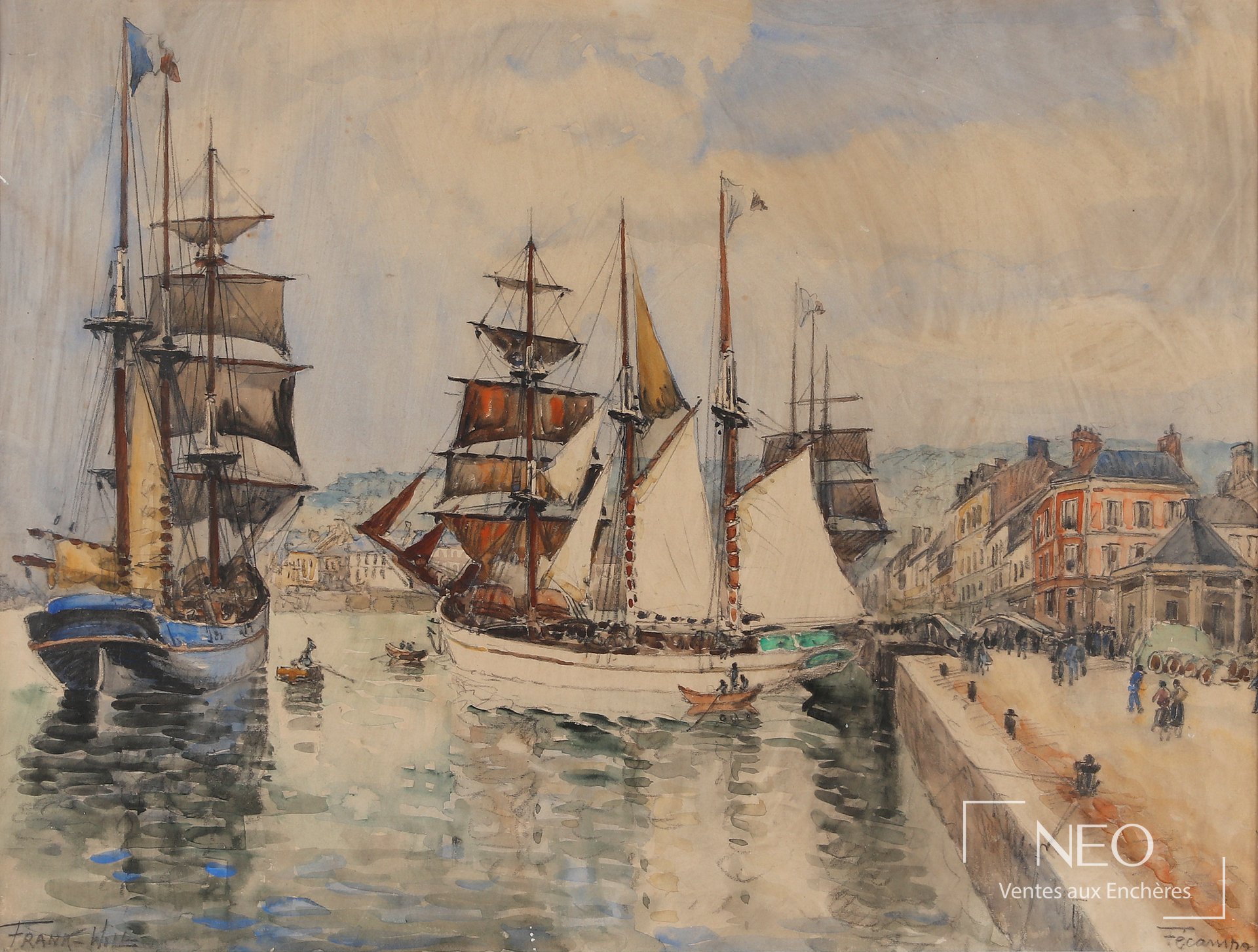 Vue du port de Fécamp avec voiliers amarrés