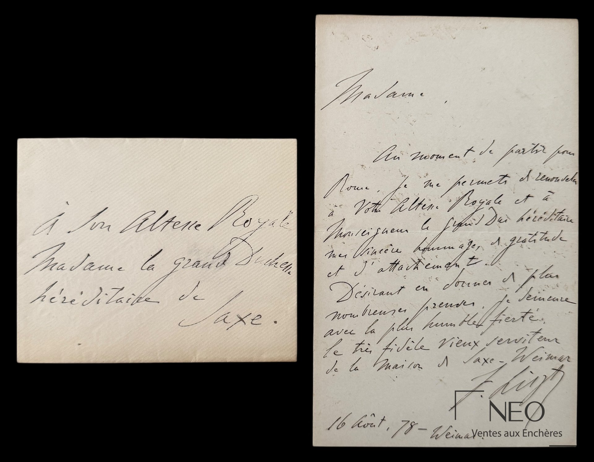 Franz Liszt, lettre autographe signée à la grande-duchesse héréditaire de Saxe, 1878