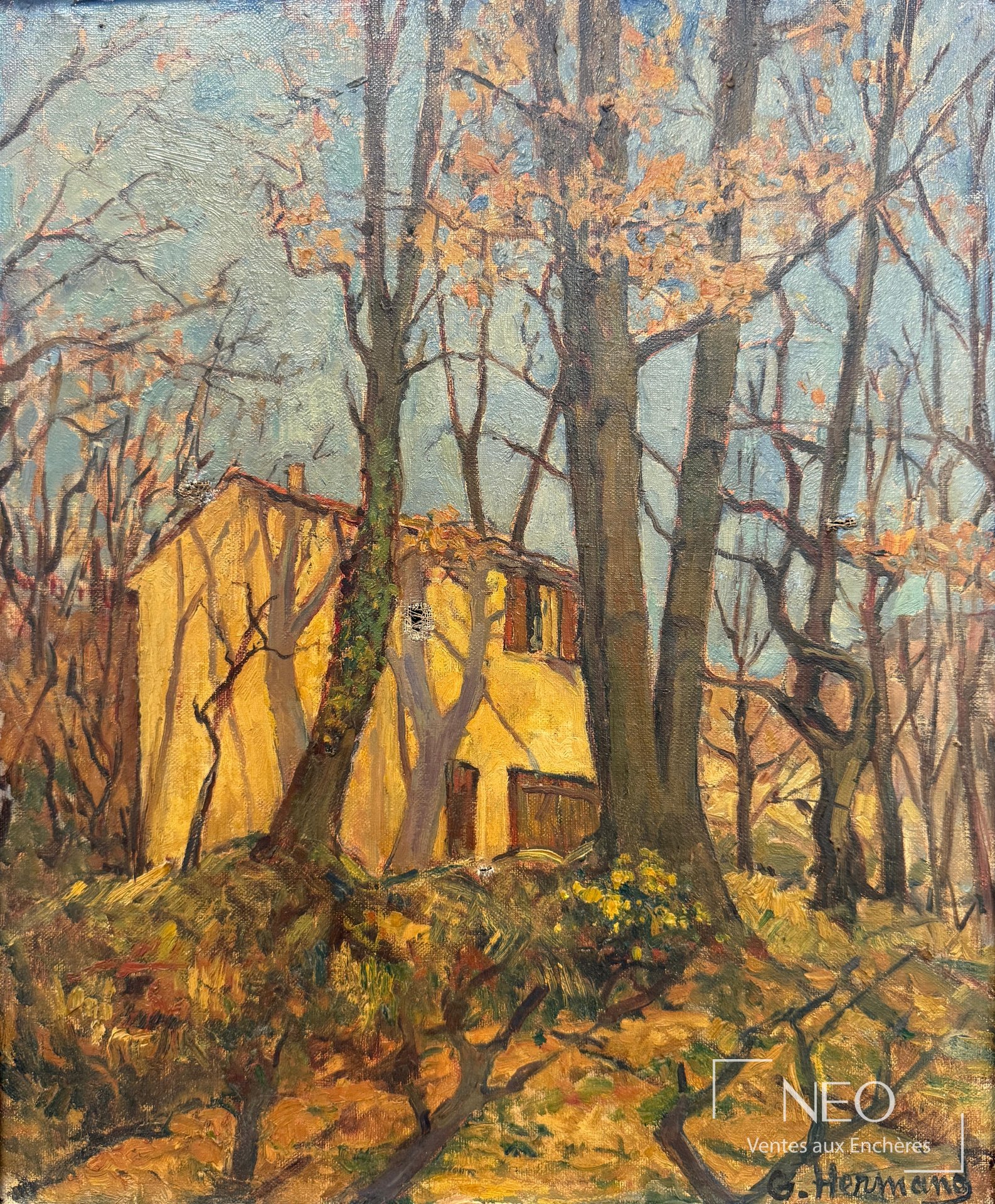 Gabrielle Hermand, Maison dans un sous-bois, huile sur toile