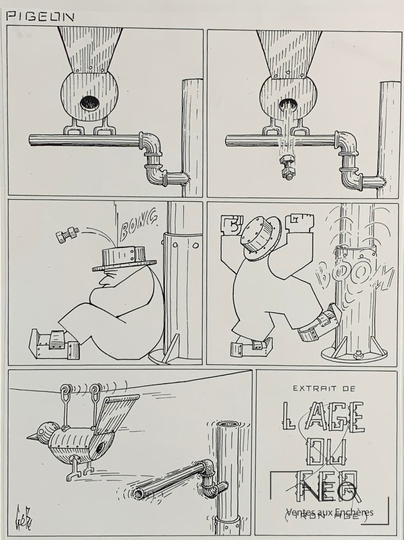 GEBE L&rsquo;Age du fer Le pigeon, planche signée, 1991