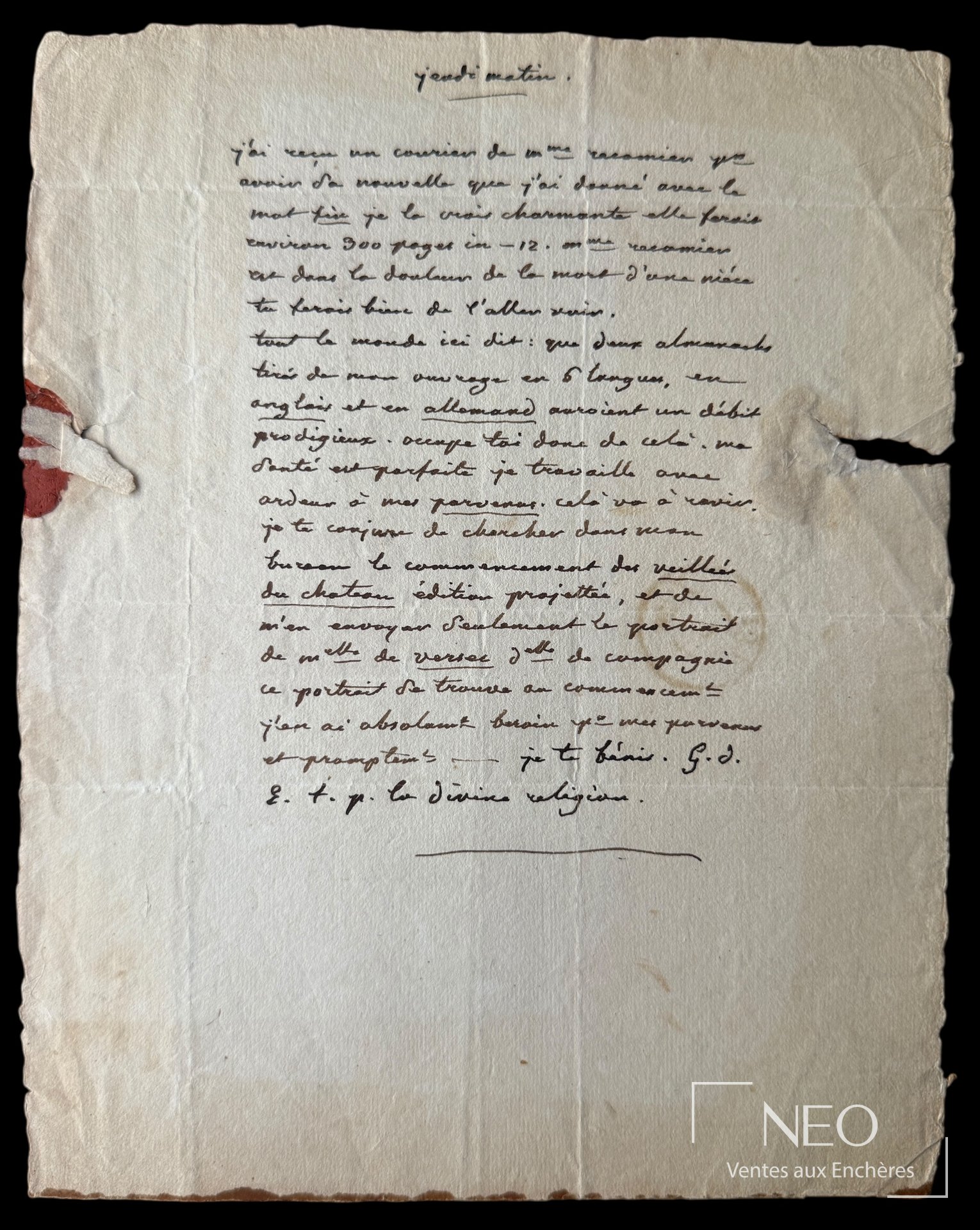 GENLIS Lettre autographe à Casimir Bäecker, juin 1818