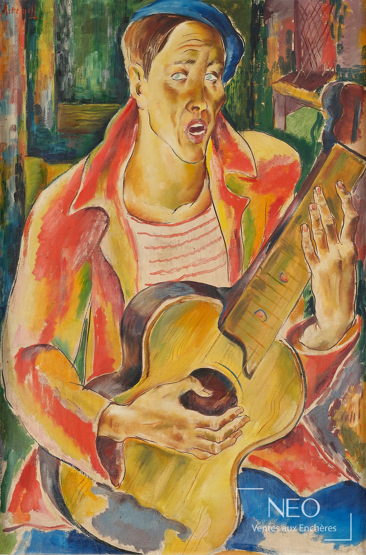 Huile sur toile représentant un guitariste