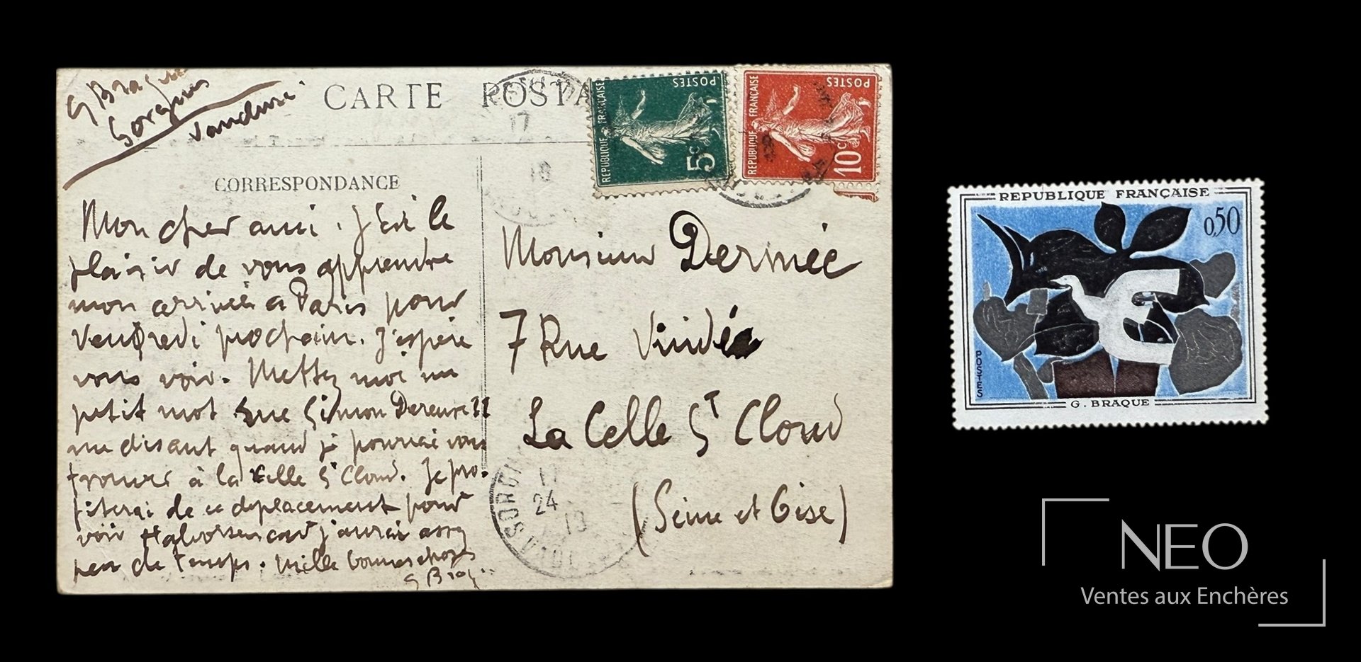 Georges Braque Carte postale autographe signée adressée à Paul Dermée
