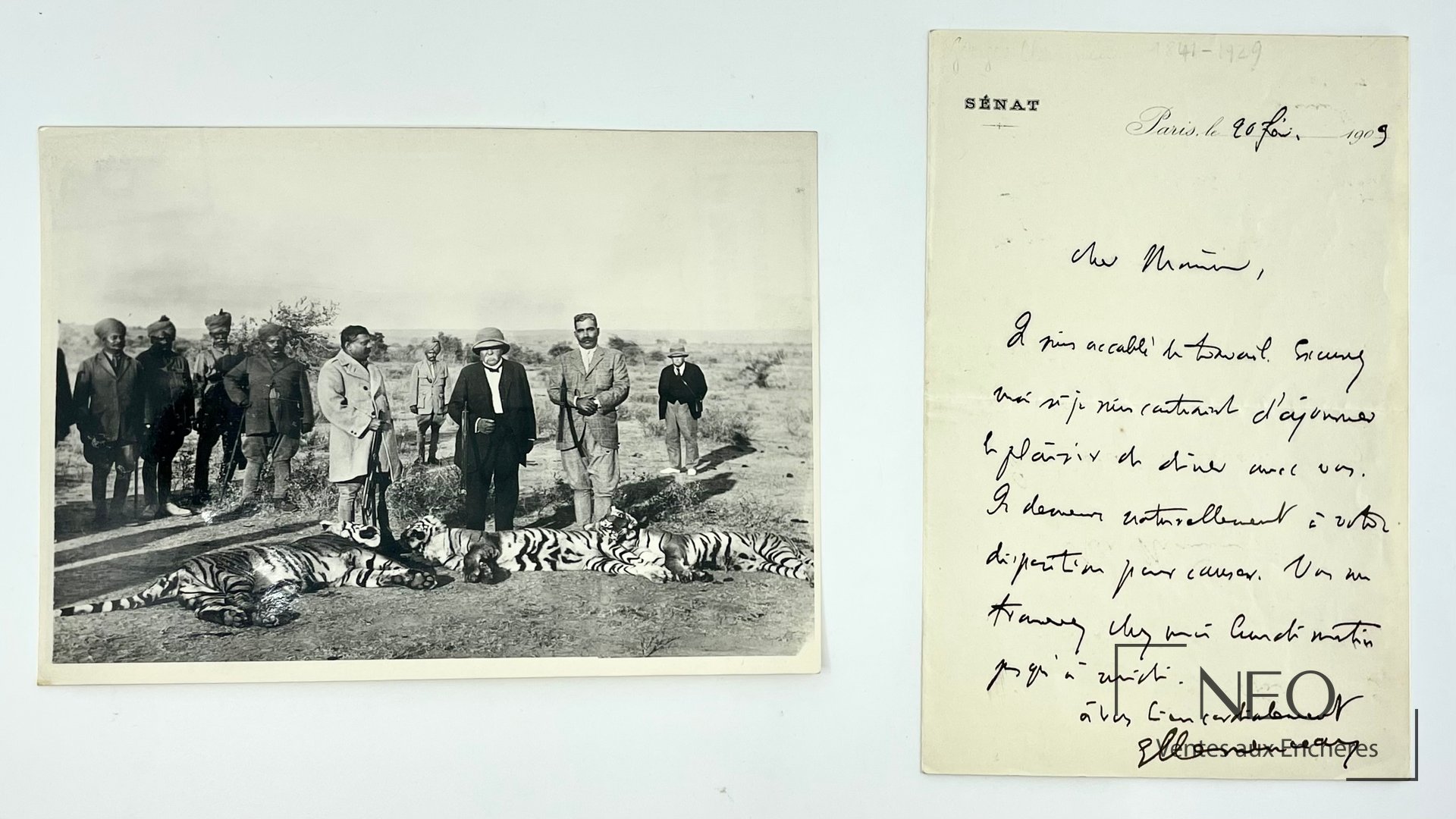 Lettre et tirage argentique de Georges Clemenceau présentés ensemble