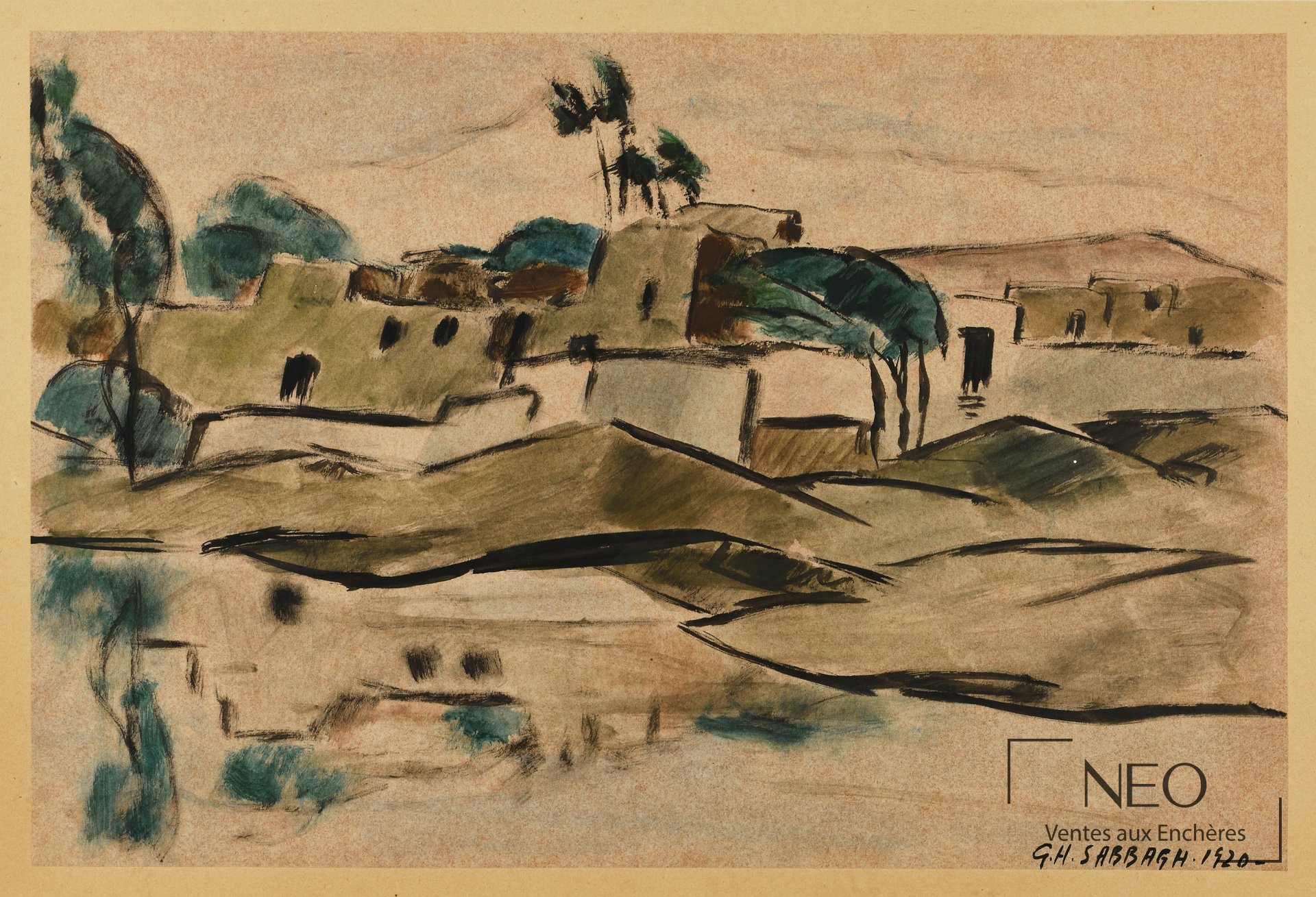 Vue de village à l'aquarelle signée Georges Hanna Sabbagh