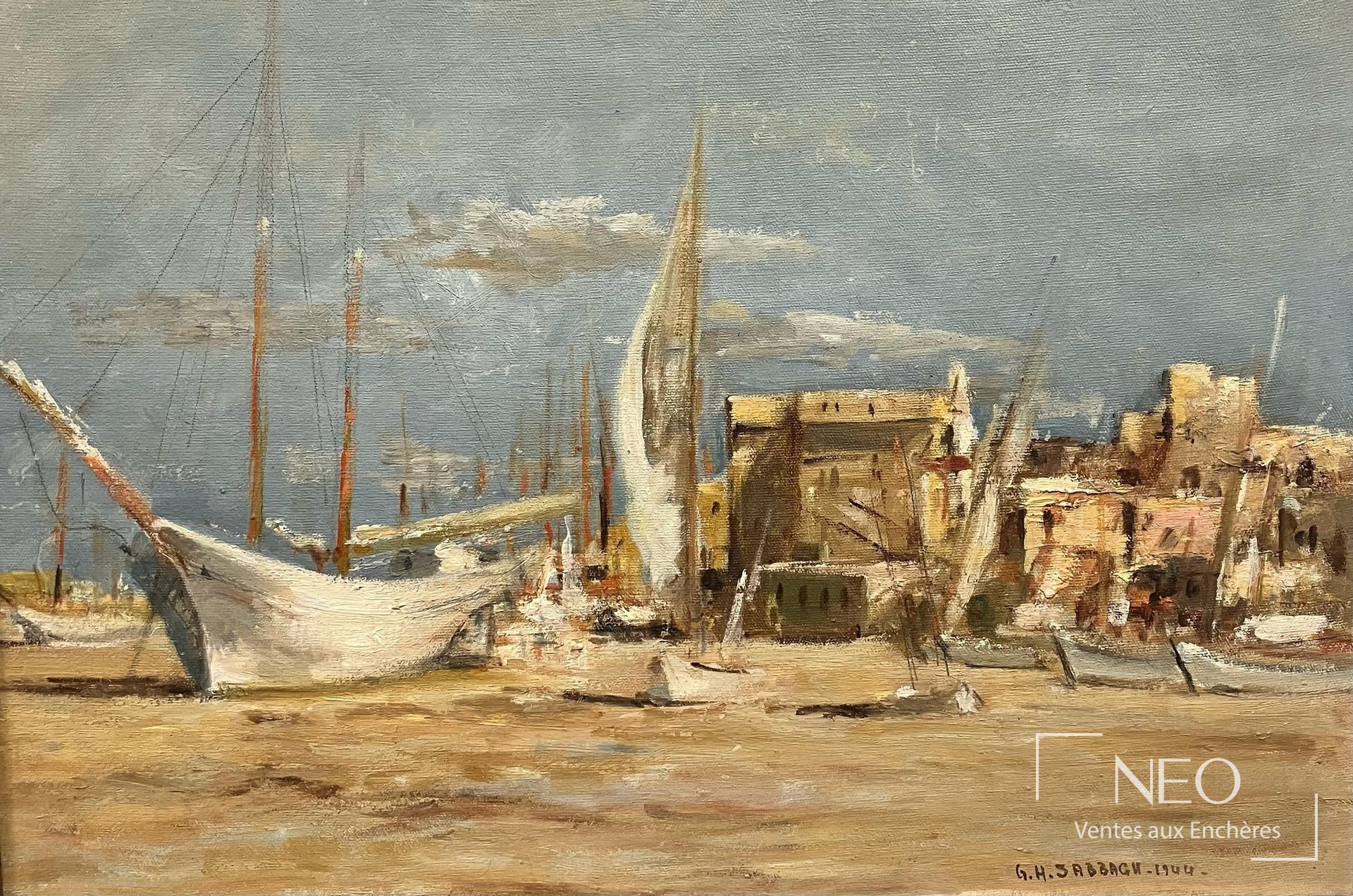 Georges Hanna Sabbagh, Bâteaux sur le Nil, 1944, technique mixte sur toile