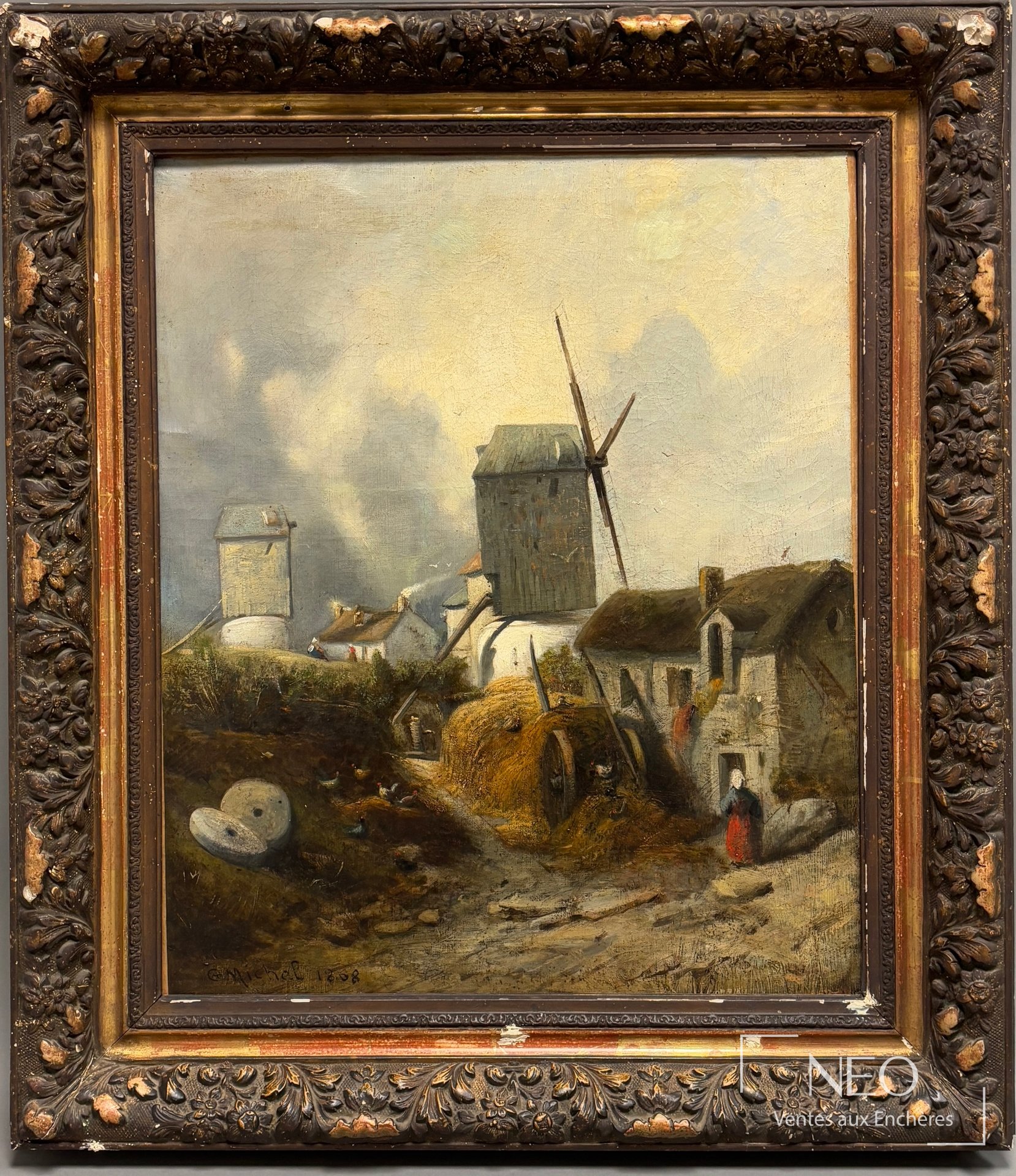 Huile sur toile de Georges Michel représentant un moulin à vent dans un paysage rural