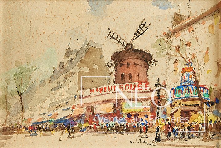 Aquarelle de Giulio Falzoni représentant le Moulin Rouge avec sa grande aile centrale