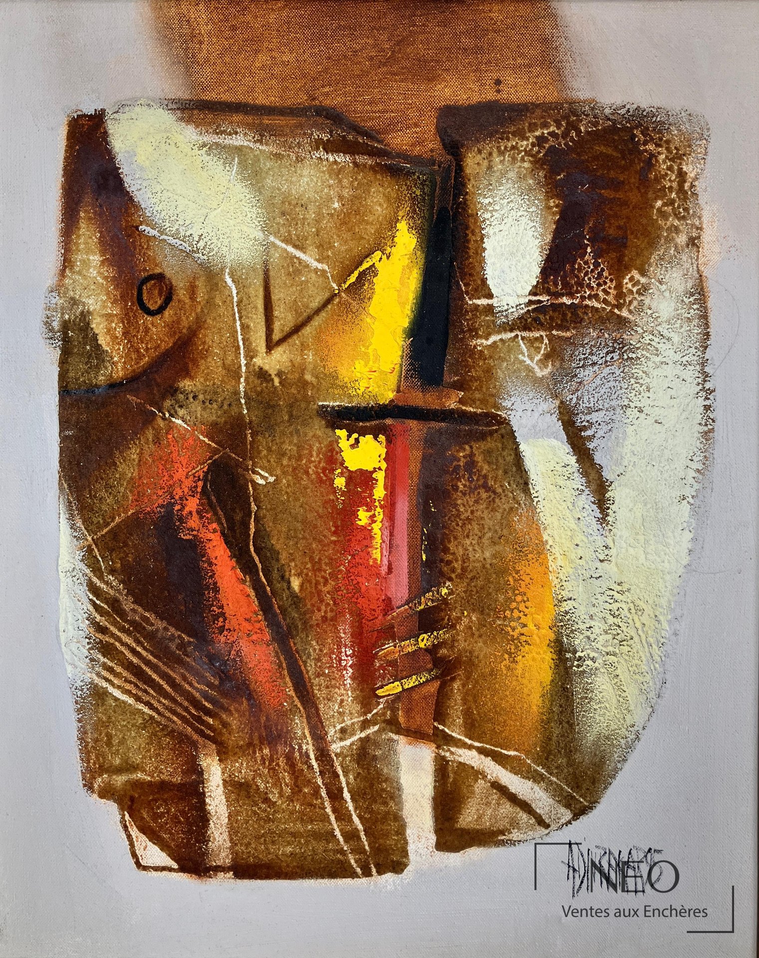 Gopal S. Adivrekar, composition abstraite en orange, technique mixte sur toile