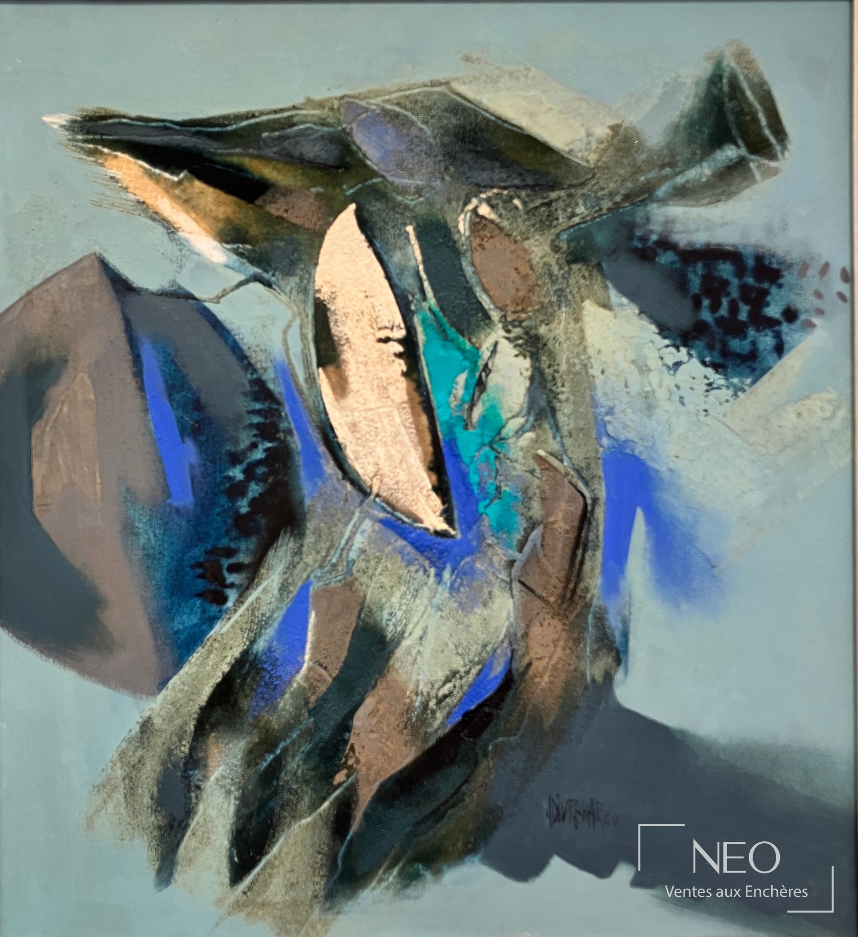 Gopal S. Adivrekar Composition abstraite en bleu, technique mixte sur toile