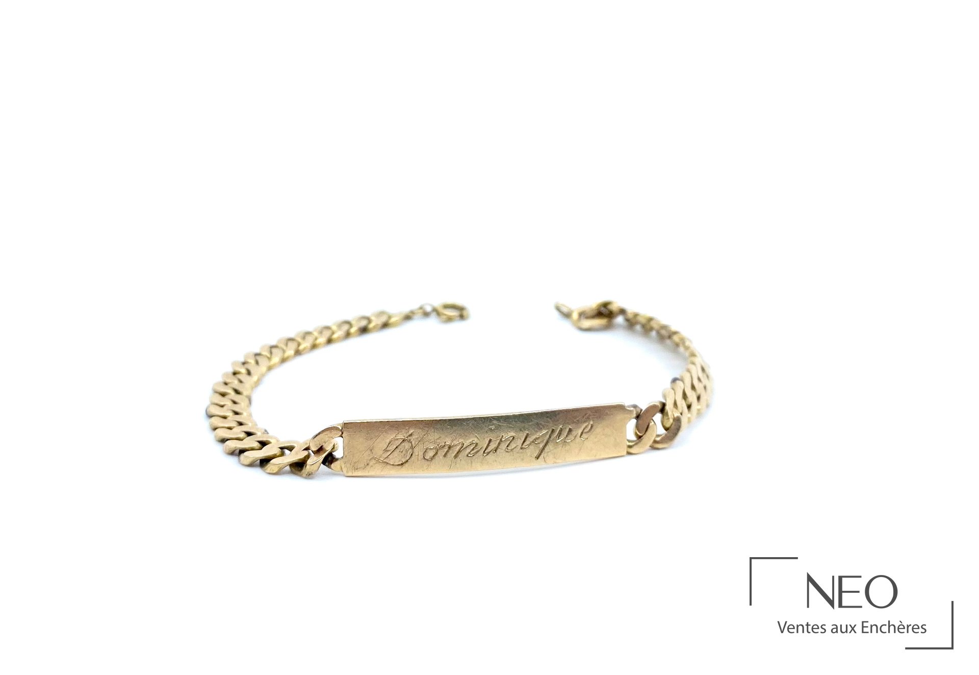 Gourmette en or jaune 18 carats 750 1000 avec inscription Dominique