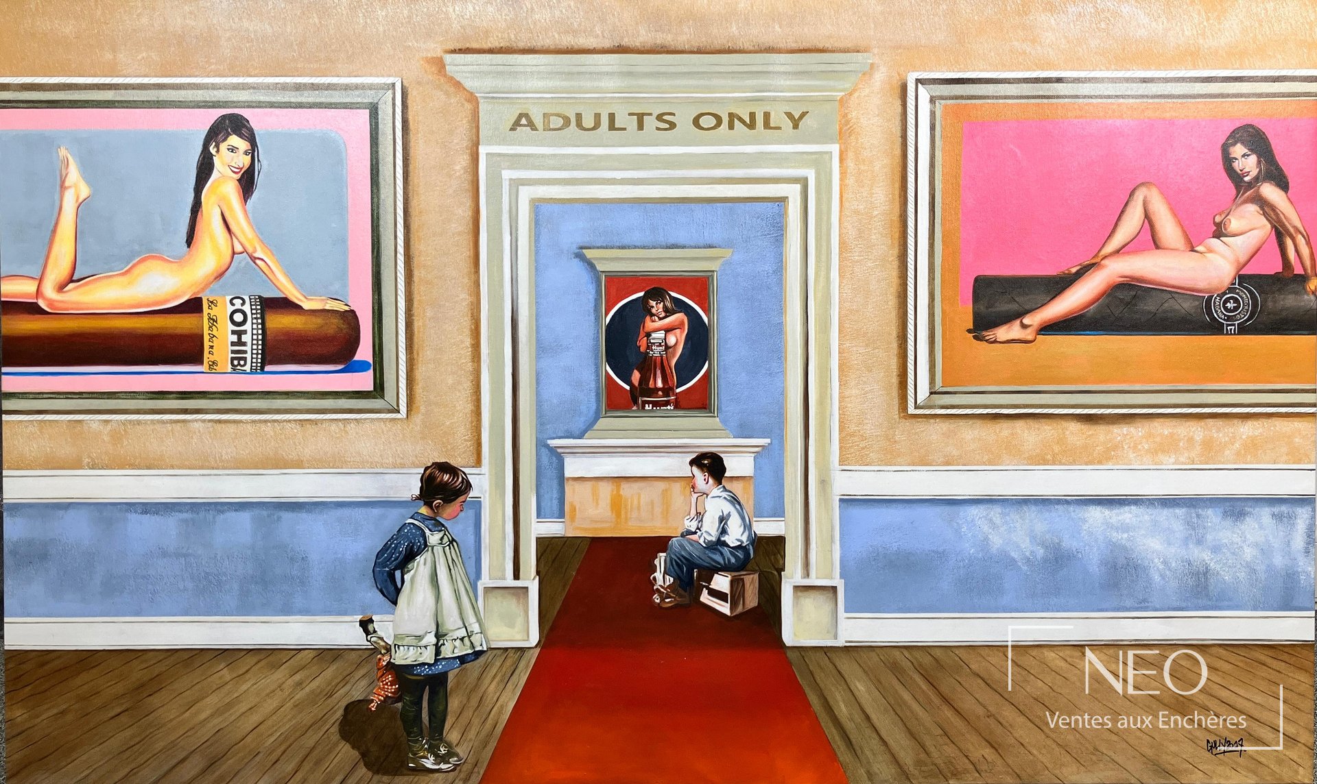 Huile sur toile de Gully montrant une scène pop avec deux enfants face à des figures féminines encadrées